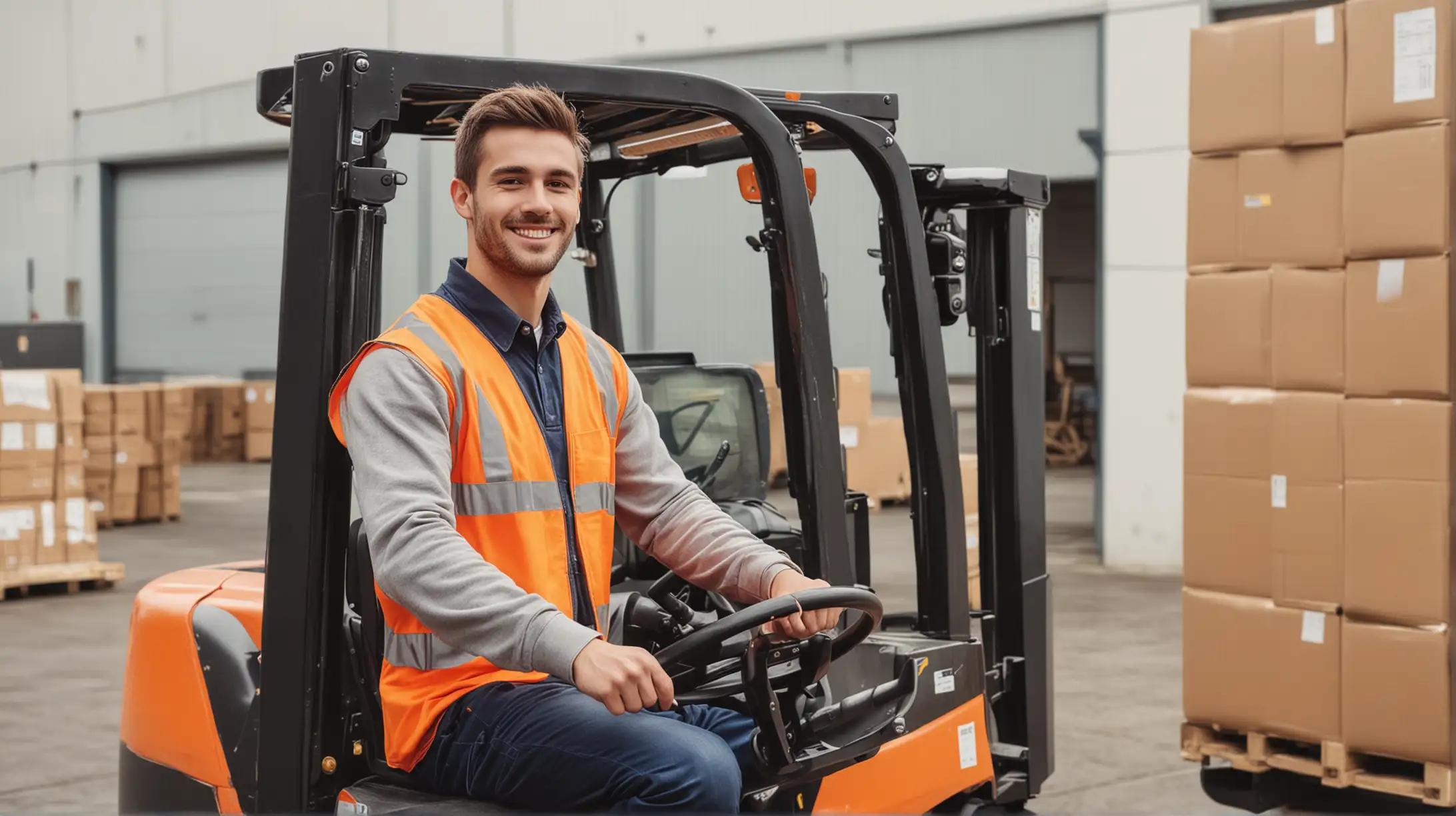 Warehouse worker, forklift, outdoor area, hall entrance, large packages on the forklift, young man, European, good mood, high resolution