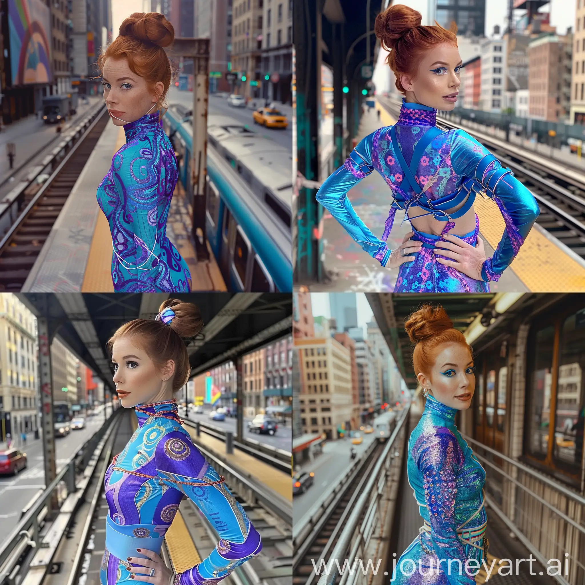 A young 25 year old caucasian white woman, Cute and attractive, ginger hair in a bun, blue and purple colorful vibrant outfit. She has her hands tied behined her back. She is standing on an elevated train platform next to a city street. She is being kidnapped by Dr. Evil from Austin Powers