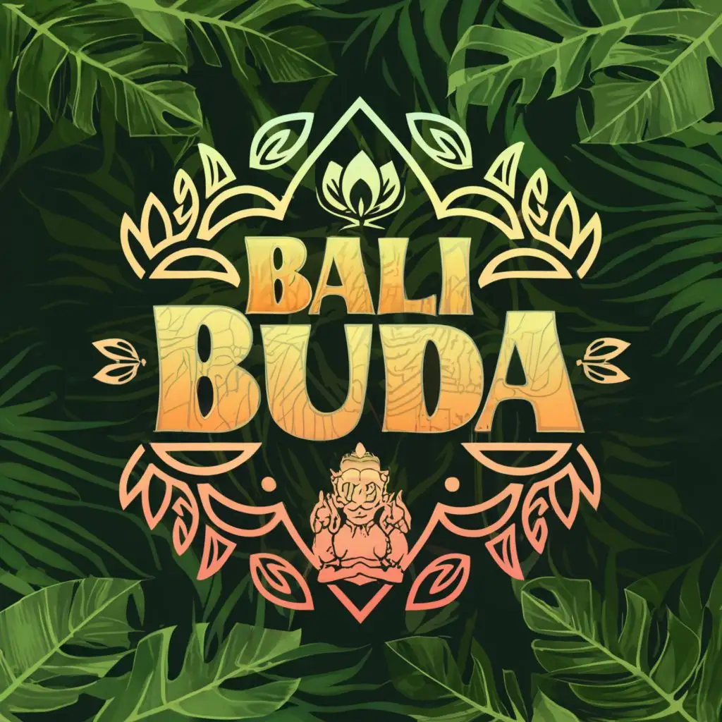 a logo design,with the text "Bali Buda", main symbol:frangipani, plumeria, lotus flower, buddha, monstera leaf, banana leaf,complex,be used in Restaurant industry,clear background