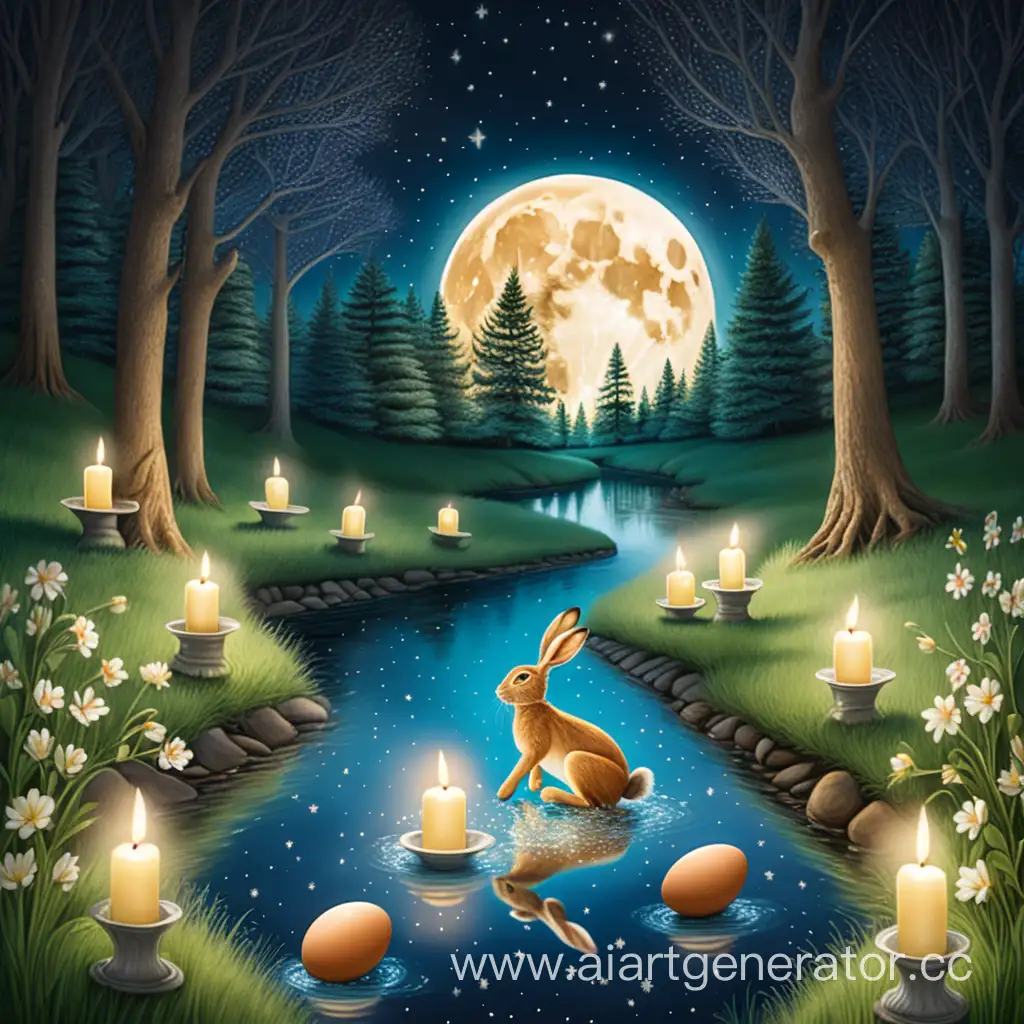 Праздник остара лес клевер луна заяц покрытый звёздами бежит по дороге из воды, яйца, свечи, ночь,лес, луна.