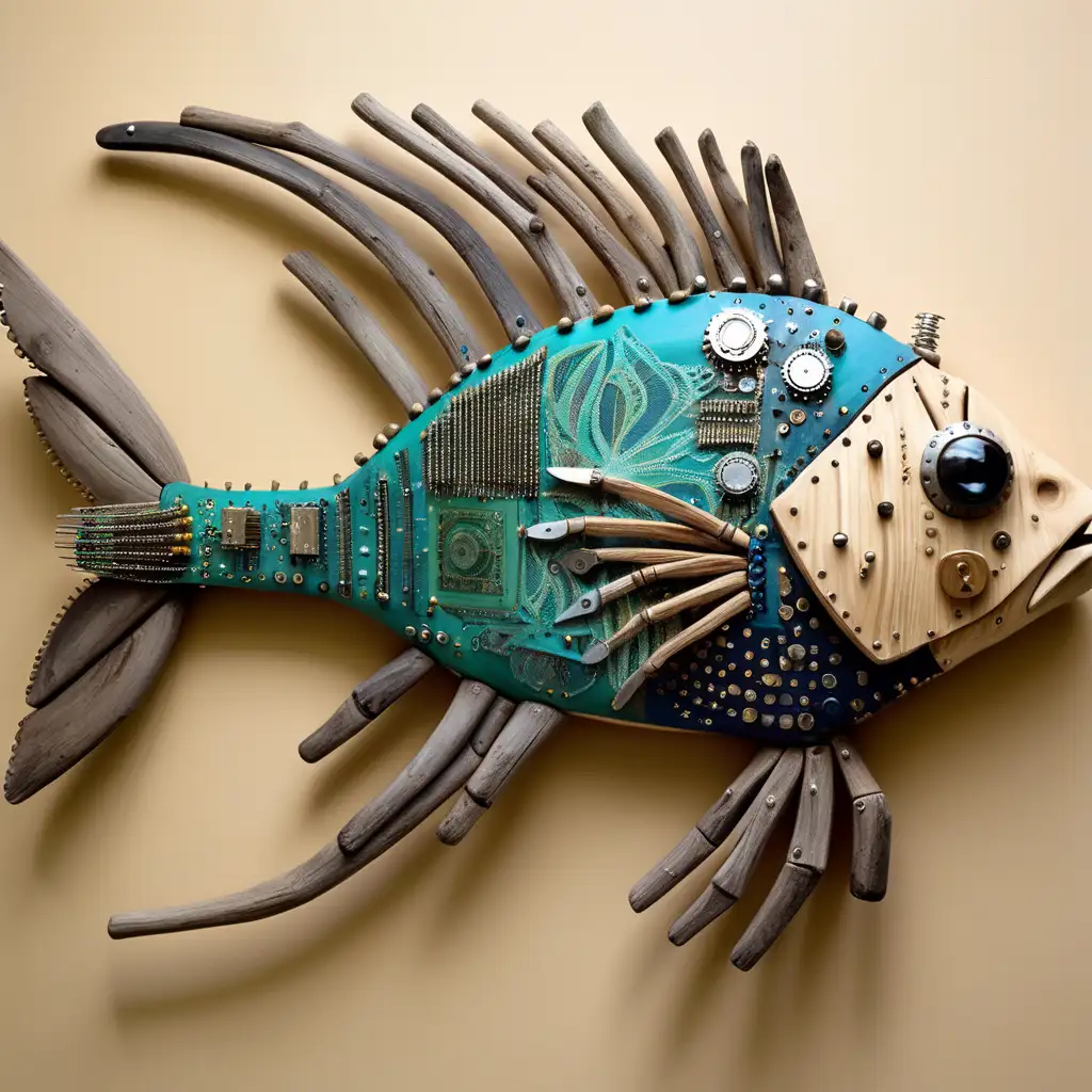 Ψάρι σκορπιός φτιαγμένος από driftwood , βίδες, μπουλονια και πλακέτες υπολογιστών