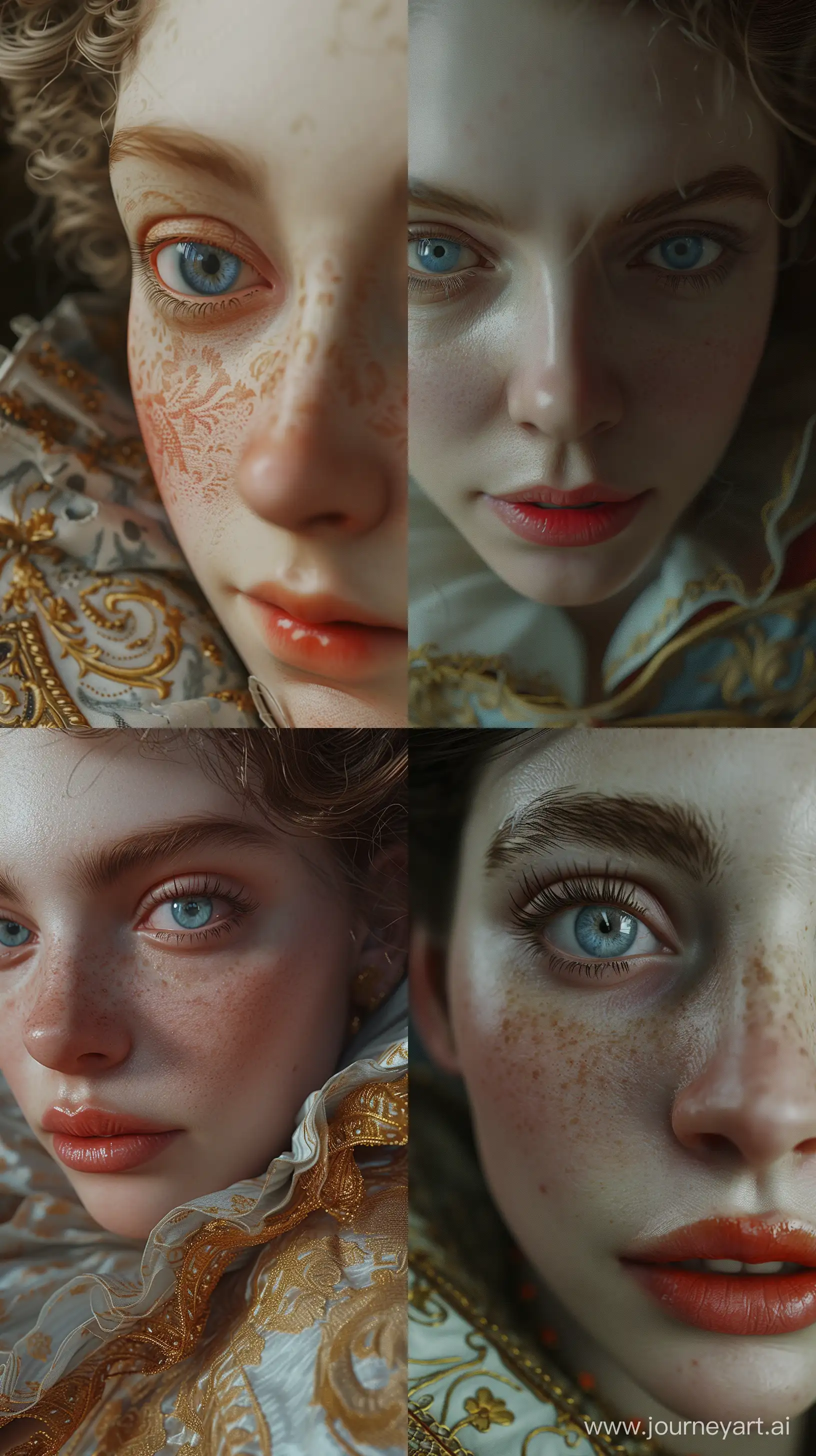 A close of an antique baroque portrait of a woman blue eyes , chaotic, Cleancore, Glowwave, fisheye, Octane rendering, Detailed, Interactive, matching colors, Classical Realism, volumetric lighting,--style raw --ar 9:16