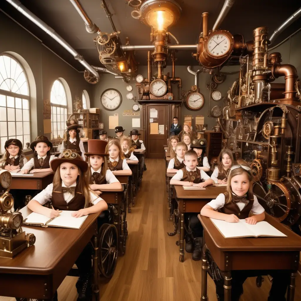 Steampunk Styled Classroom with 15 Children and a 30YearOld Teacher
