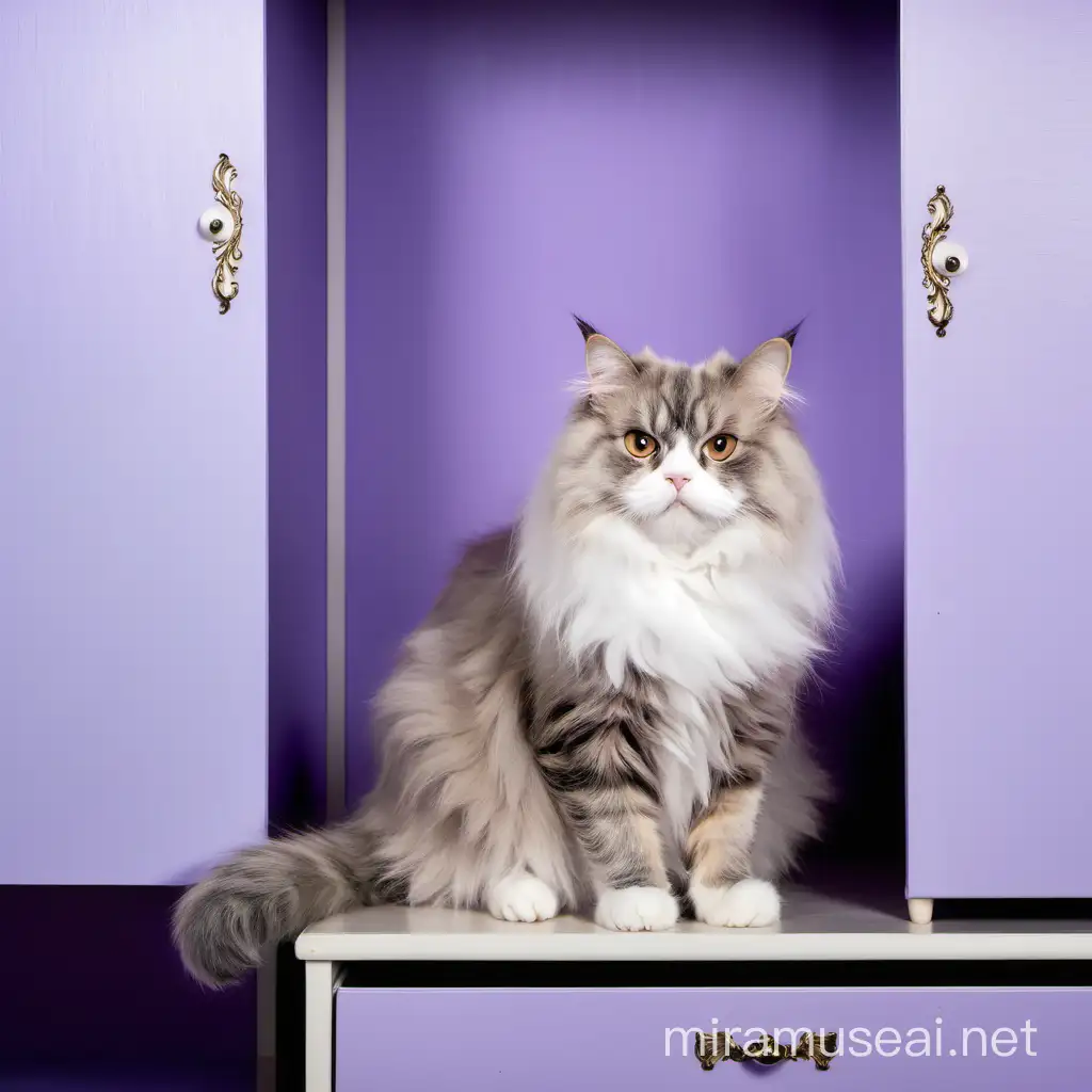 пушистая кошка сидит на шкафу на сиреневом фоне
