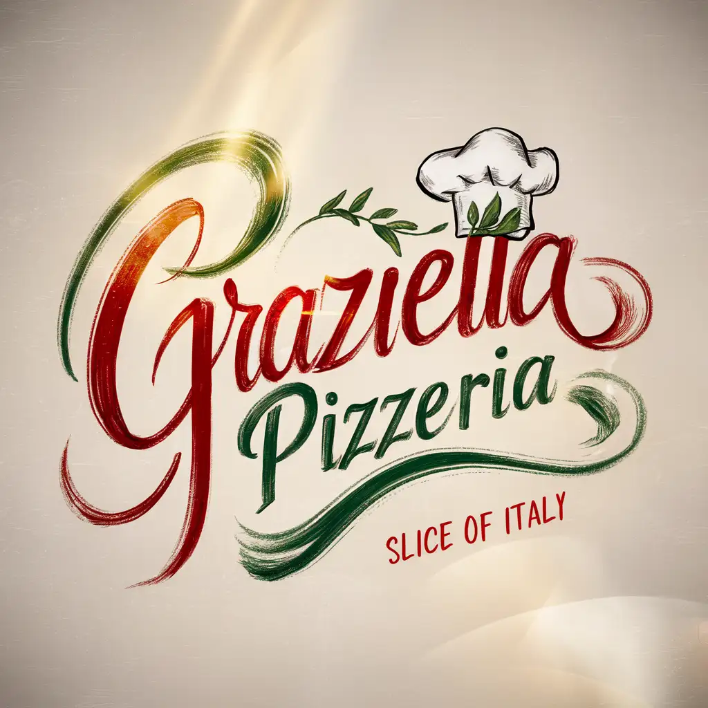 Handwriting Graziella Pizzeria logo, Italian colors, Slogan Quote Slice of Italy, Chef Hat,  Faded light