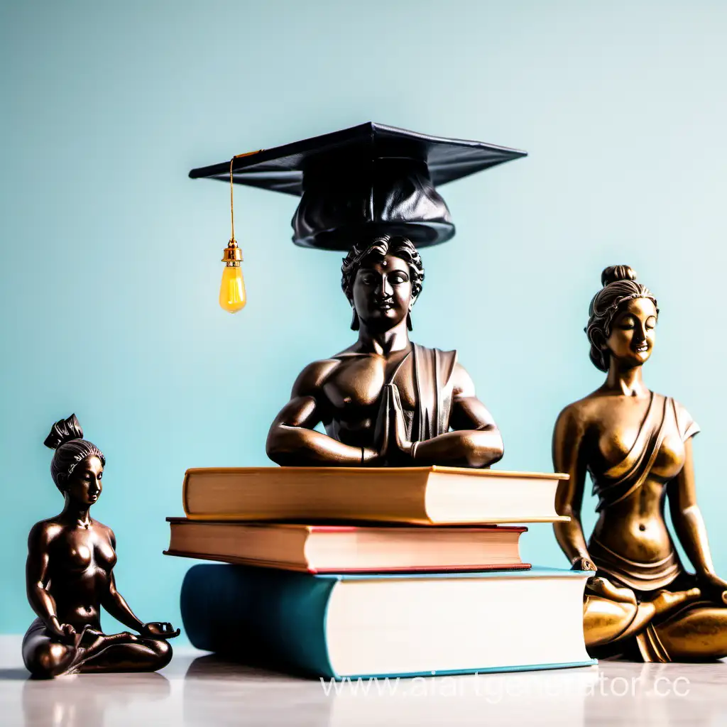 Scholarly-Ambiance-Academic-Cap-Books-and-Yoga-Statue-in-Serene-Light