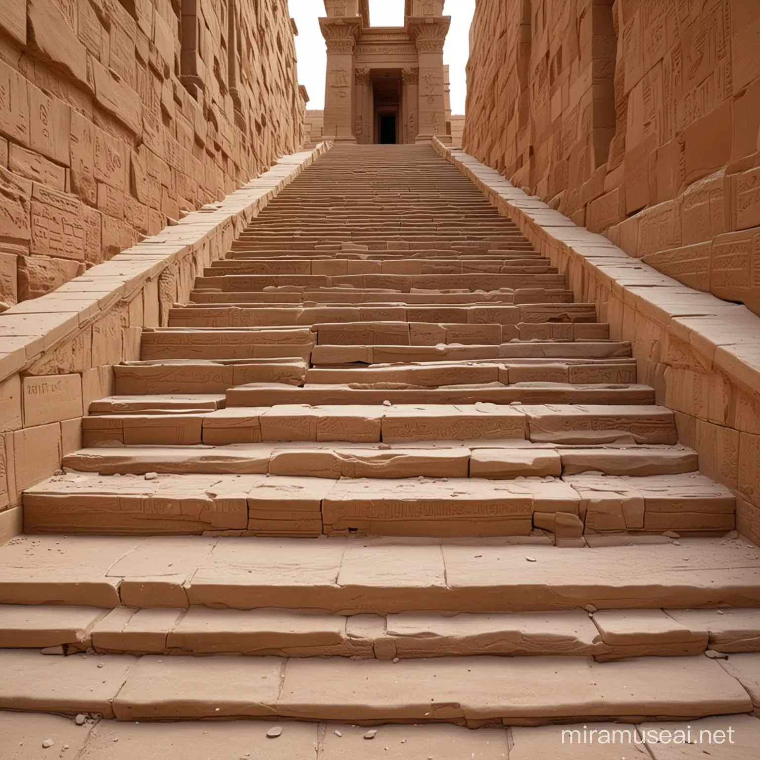 8k, high detailed photo of grand Egyptian sandstone steps, leading up to the goddess palace