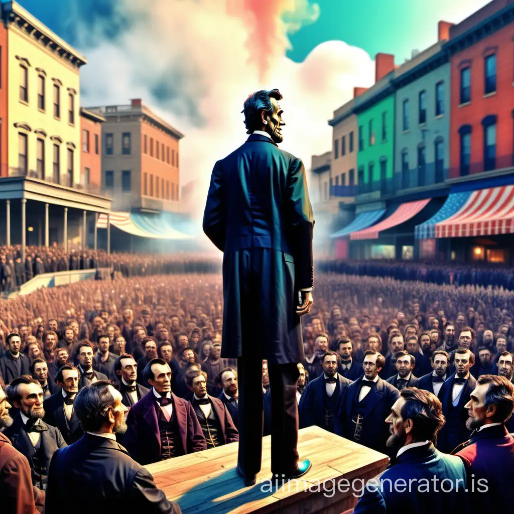 Abraham Lincoln is talking to a crowd of people in the square, in the style of an imaginarium game, a crazy picture, vivid colors, high detail, high-definition drawing, high resolution, HD, 16k, well-drawn