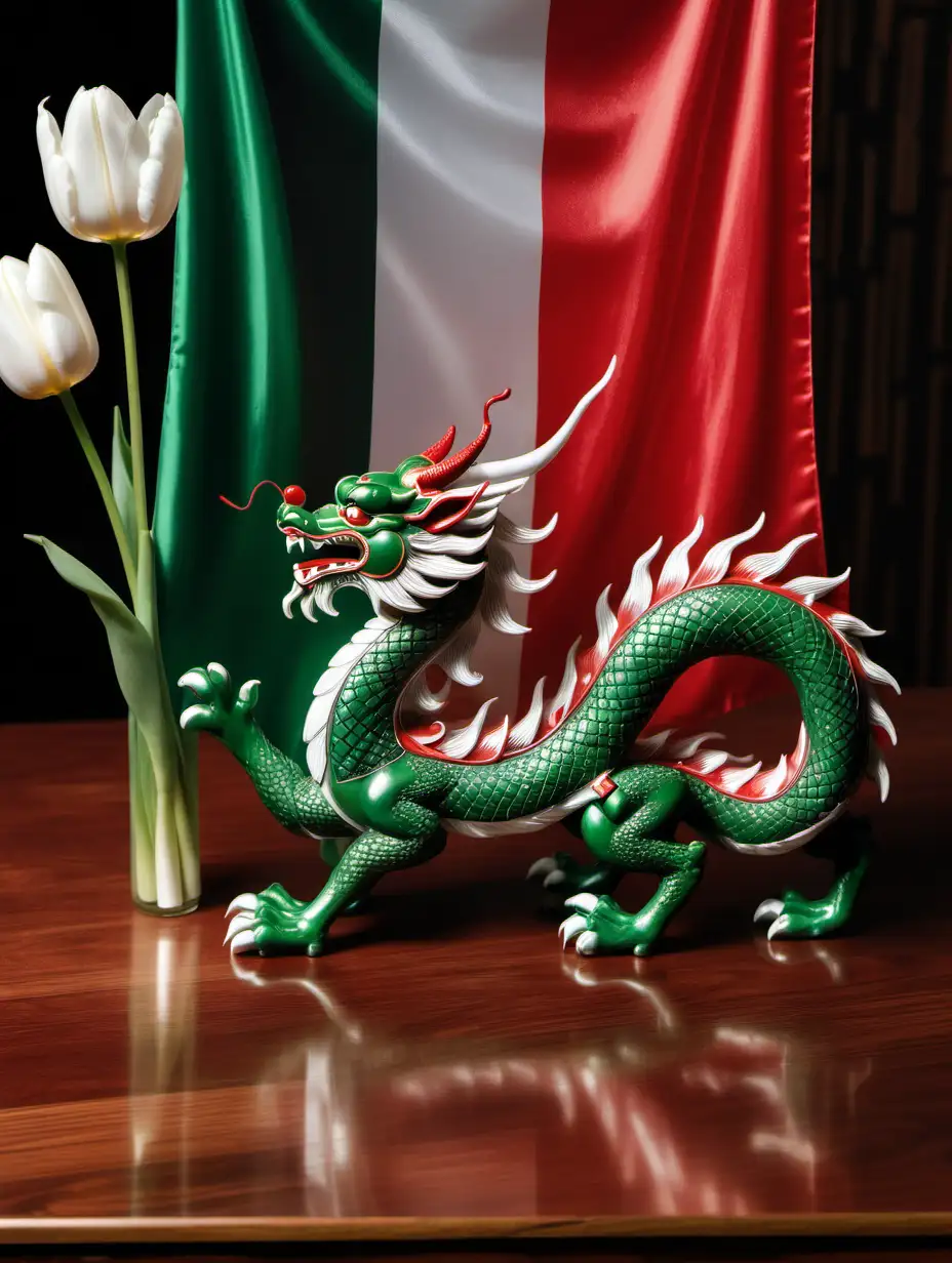 Red Chinese dragon statue on a wooden table, there are white tulips on the table, there is a Hungarian flag on the table, the stripes on the flag are red white and green, there is a dark green silk in the background, there is a Chinese flag on the table
