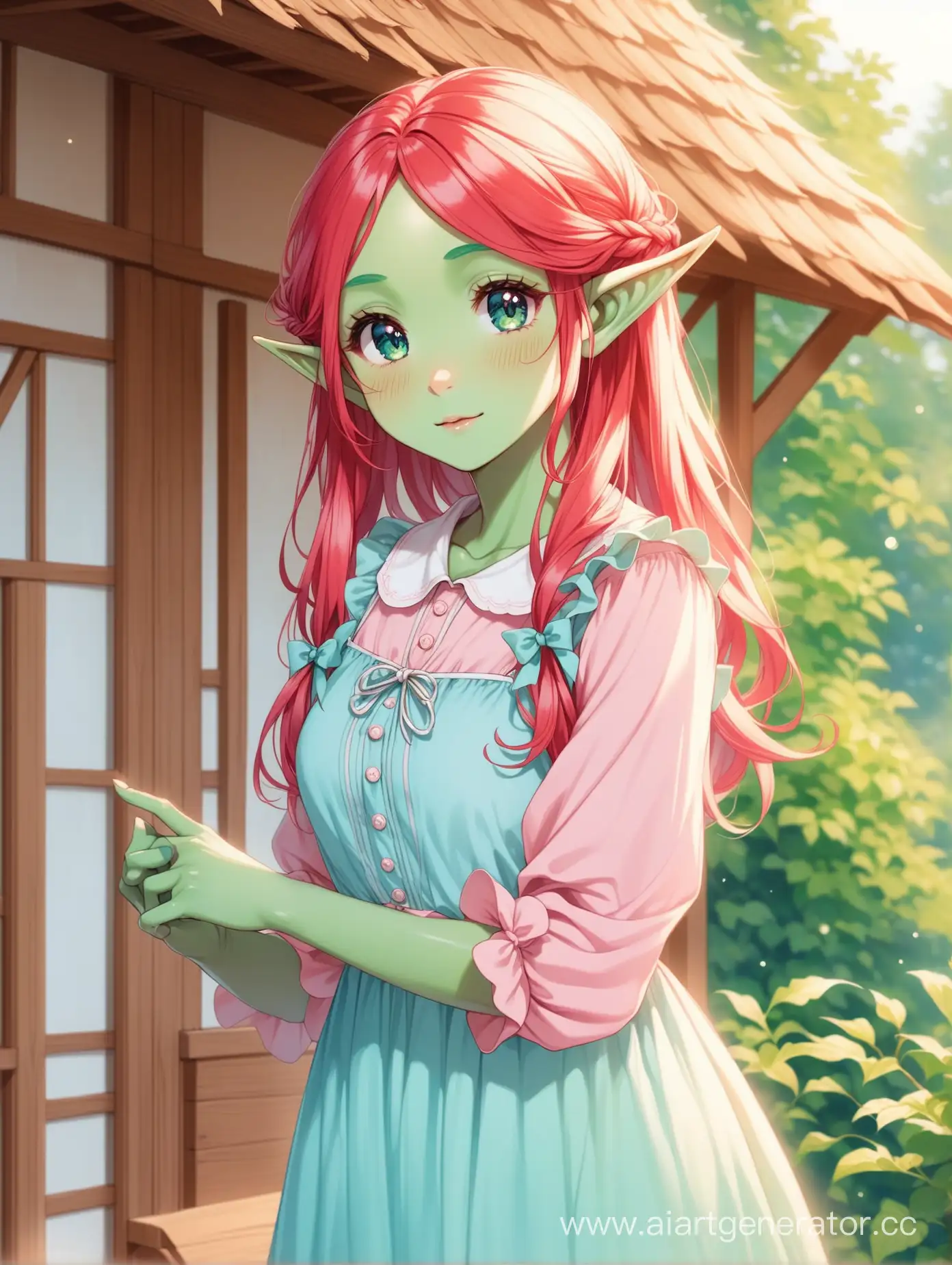 elf girl with green skin, red hair, pastel blue and pink dress, cottage style, farm style