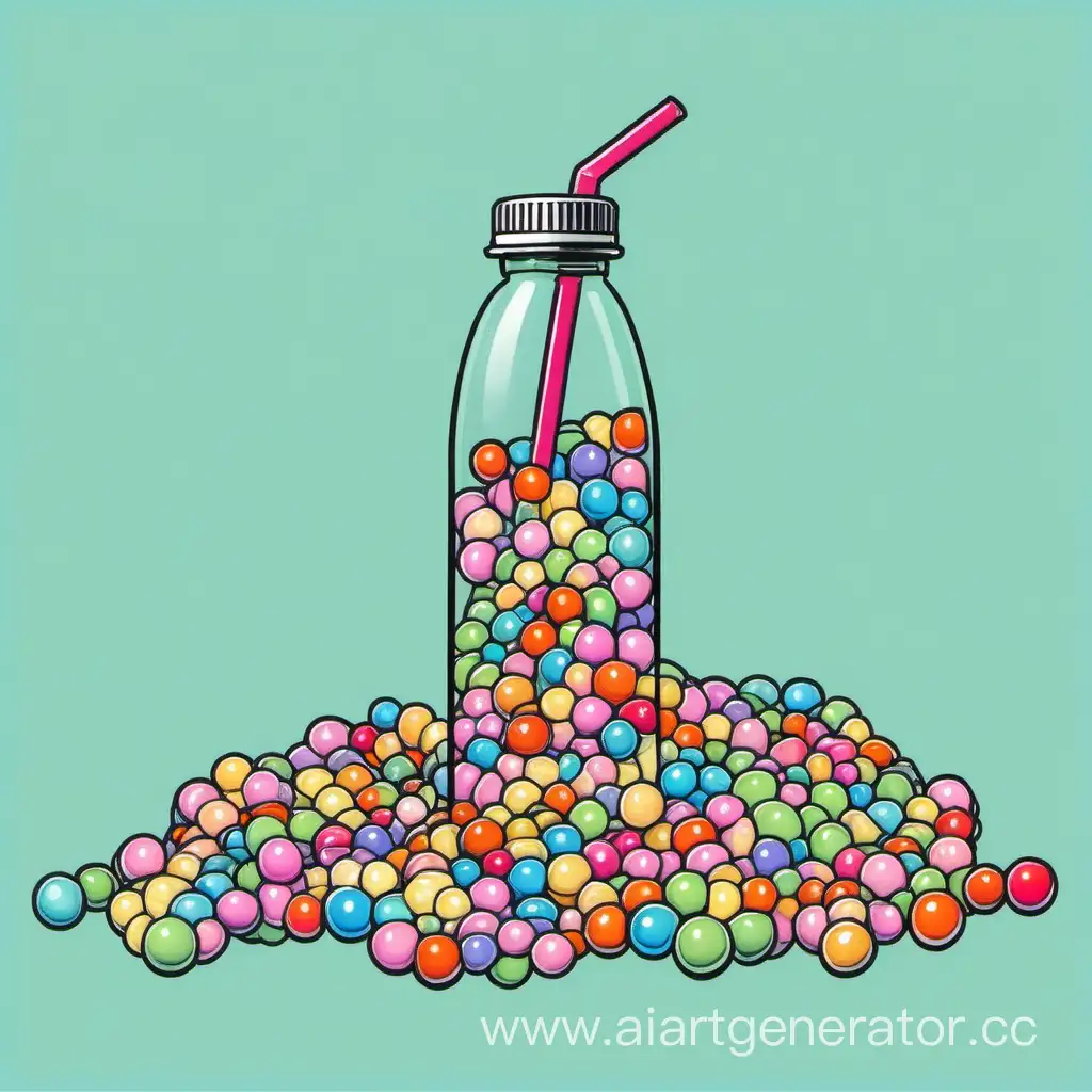 Рисунок пластиковой бутылки с маленькими разноцветными шариками из пенопласта и пластиковой трубочкой