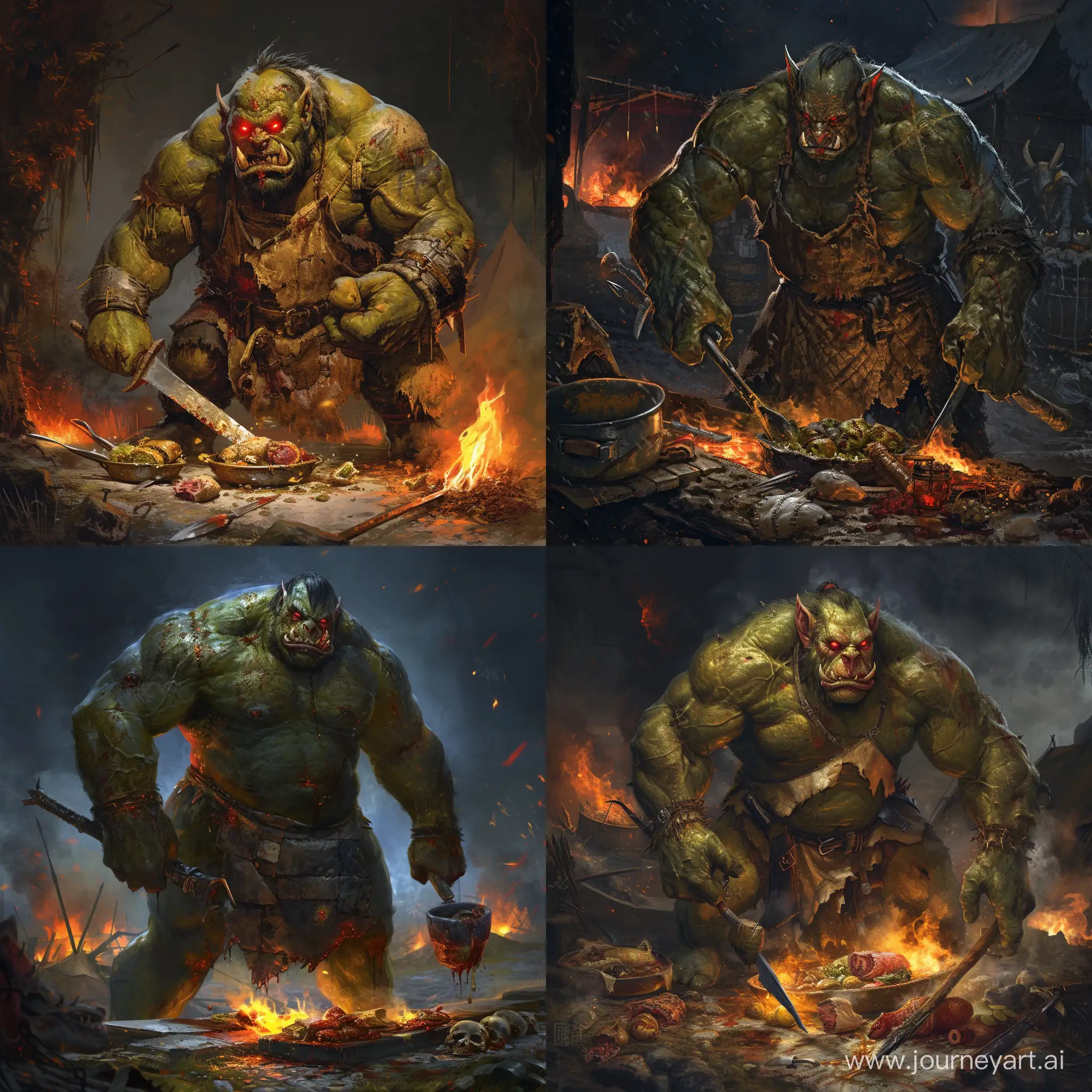 an orc who is Massive and muscular with green, rough-hewn skin, Glowing red eyes burn with primal ferocity, Wears a patchwork apron made from the hides of slain beasts, cooking hearty meals fit for a warband like grotesque foods, cooking in a rugged campsite on the edge of a war-torn battlefield, where the fires of conflict still smolder amidst the chaos., 1970's grimdark fantasy, dark lighting, detailed, gritty