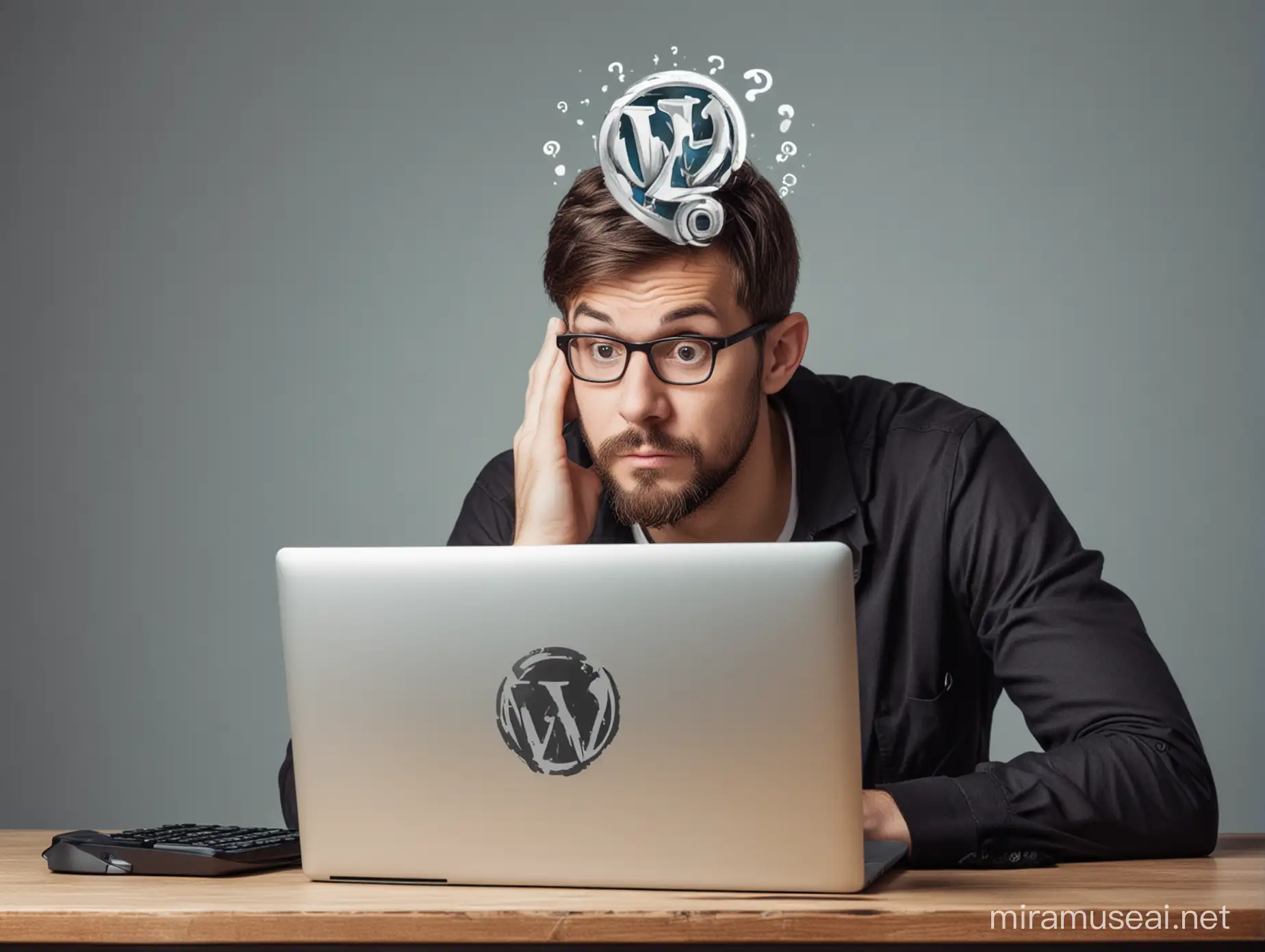 Man Contemplating with Question Mark and WordPress Computer