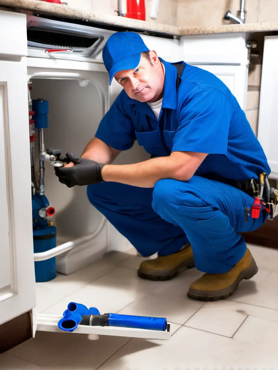 Expert American Plumber Providing Drainage Solutions in Blue Uniform
