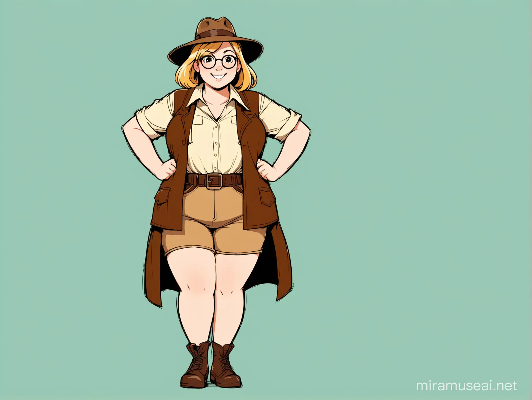 a full-body 2d drawing of a plus-sized white teenage girl, with short blonde hair, wearing eyeglasses and an "Indiana Jones" costume. Facing ahead, smiling, arms crossed, standing on one leg, on a plain white background, drawn in Disney style