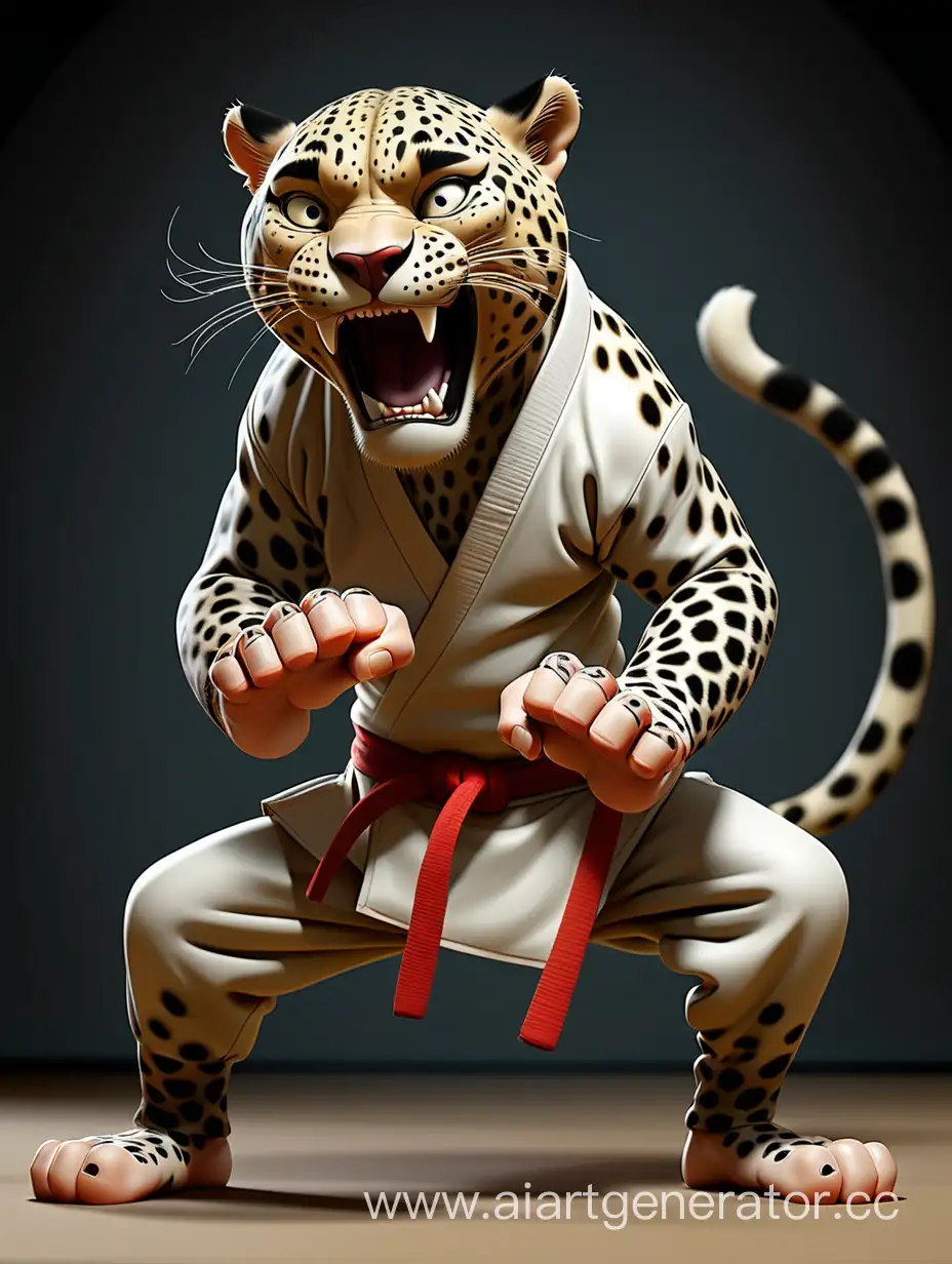 The owner of martial arts assumed the four-legged posture like a leopard and prepared to attack the opponent, found in a position on hands and feet, he looks sideways and bares his teeth.