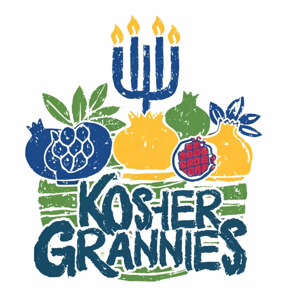 logo, Israel, yellow, blue, white, green, Menorah, Paul Klee, pomegranate, star of David, Jerusalem, with the text "Kosher Grannies", typography, be used in the automotive industry