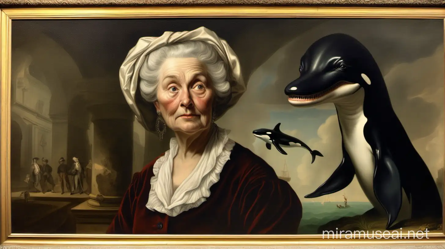1700 portrait painting, Old irish woman, whale trainer, killer whale, at the zoo