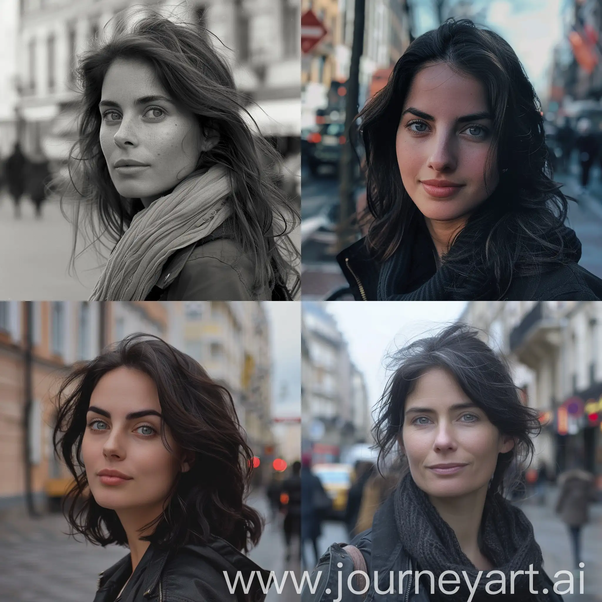 Photo of woman dark hair, gray eyes, lachs, on the street.