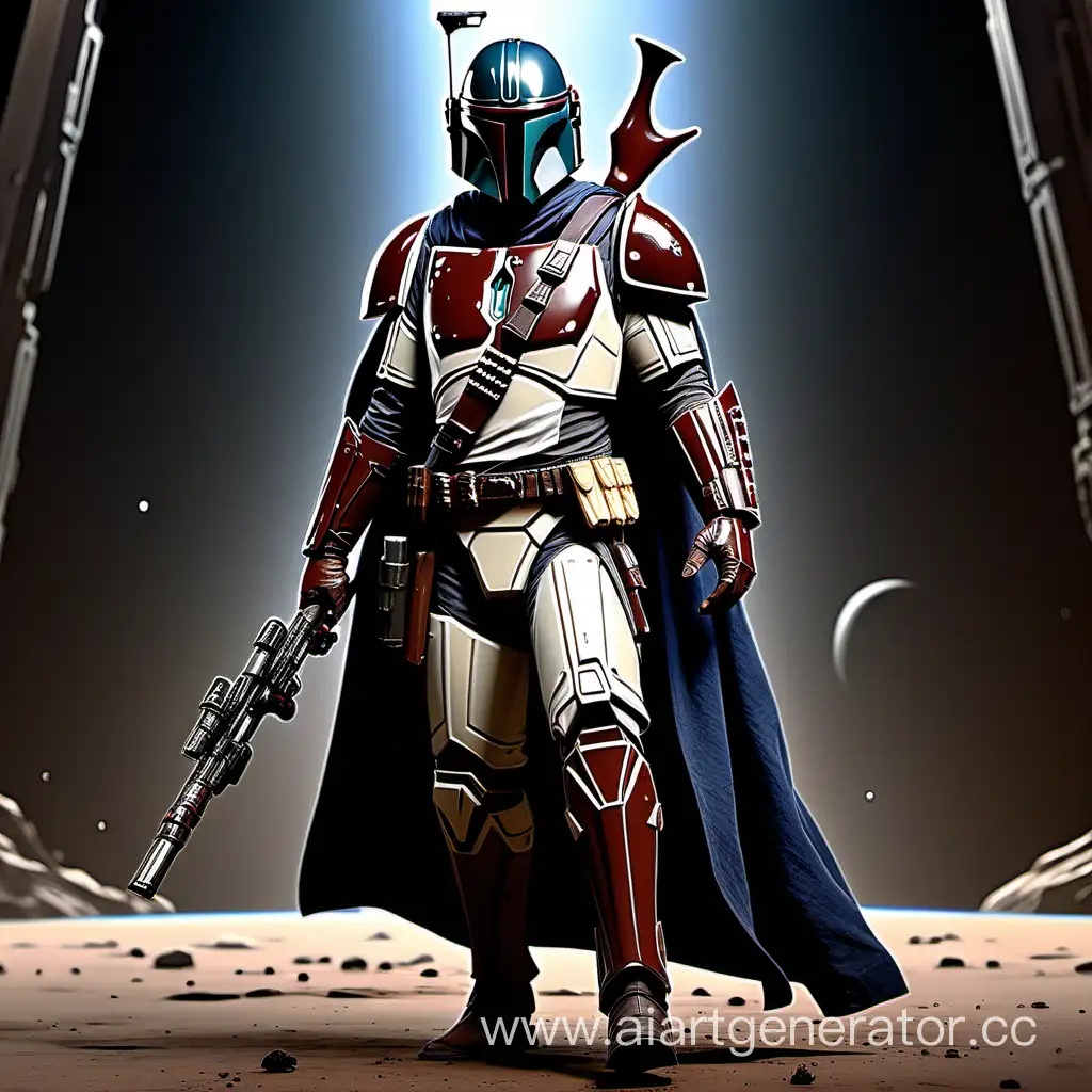 In the vast expanse of the galaxy, there exists a secret Mandalorian, shrouded in mystery and clad in armor of obsidian black. His helmet, a deep sable hue, bears the marks of countless battles, a testament to the trials he has faced across the stars. His armor, adorned with crimson accents, hints at the untold tales of warfare and honor.  A silent figure amidst the chaos, he dons a cloak of midnight blue, crafted from the finest fibers of Alderaanian silk, a nod to the clandestine elegance that he maintains beneath his battle-worn visage. With every step, his boots, forged from Mandalorian iron, resonate with the echo of determination and the weight of his unspoken burdens.  His weapon, a bespoke disruptor rifle, is a marvel of Mandalorian engineering, its polished steel gleaming in the residual light of the darkened corners of the galaxy. Etched with ancient Mandalorian runes, it whispers tales of legendary duels and shadowed betrayals, embodying the legacy of those who came before.  This enigmatic Mandalorian exists as a lone sentinel, traversing the galaxy with an air of silent resolve, guarding his secrets and upholding the ancient traditions of his people. His gaze, concealed behind the obsidian visage, betrays neither fear nor doubt, but instead holds the wisdom of a warrior forged in the crucible of conflict, a guardian of his culture and a keeper of the Mandalorian way.