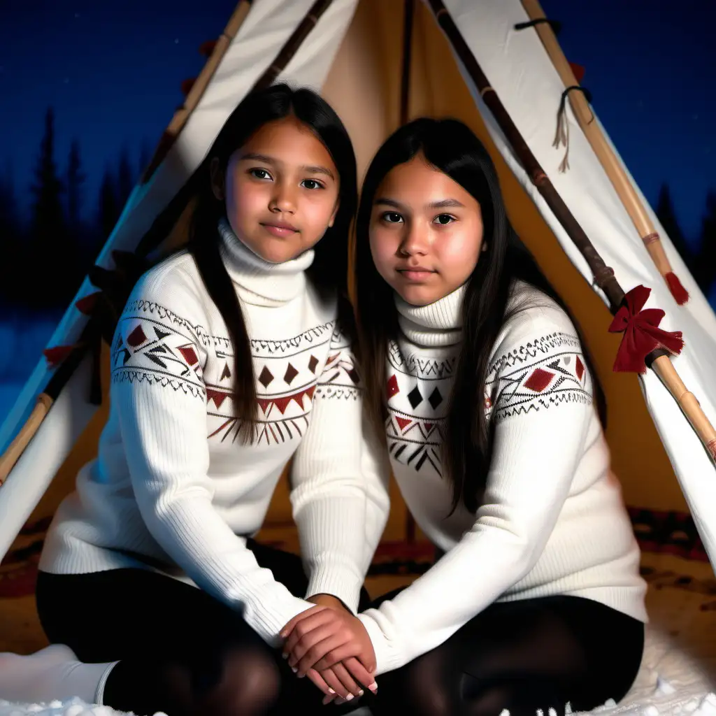 Native american girls in white turtleneck sweaters and black tights cuddling in a teepee on a cold winter night. 