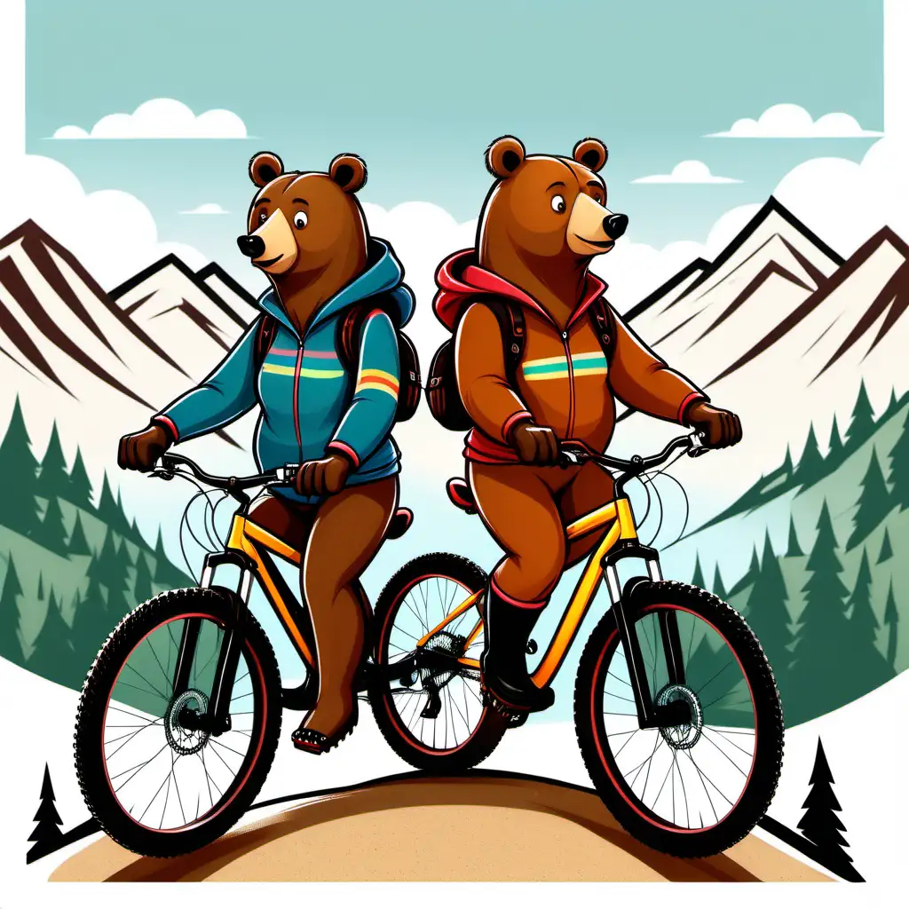 A male bear, and a female bear, in Hanna Barbara style cartoon, on mountain bikes, in riding clothes, on white background