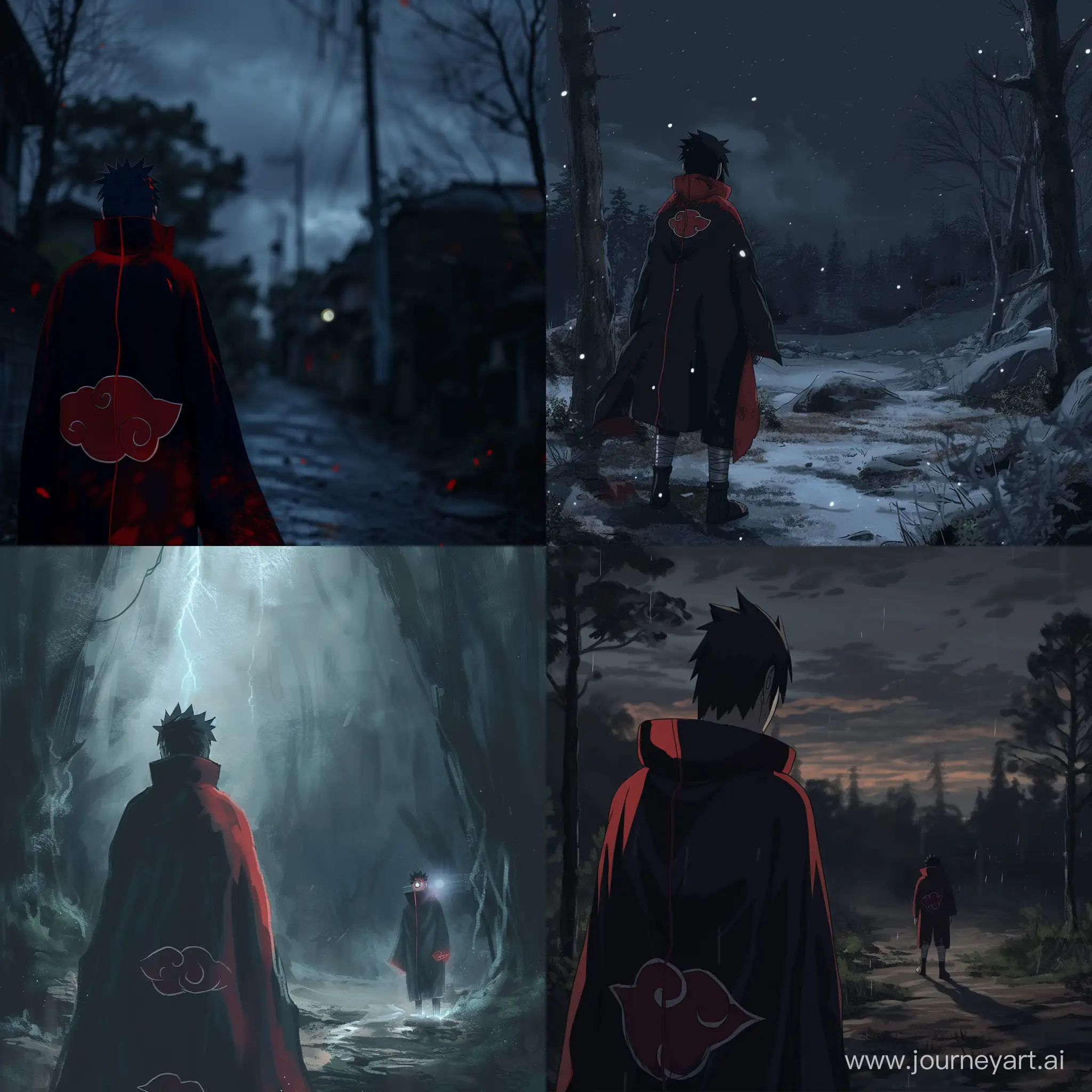 Watching  Hiroshi Uchiha stands from the outskirts are a man in a red and black cloack with rinnegan shineing through the darkness