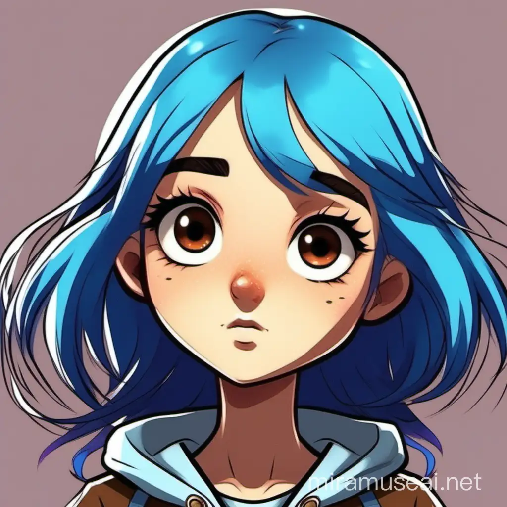 A cartoon girl with blue hair and brown eyes