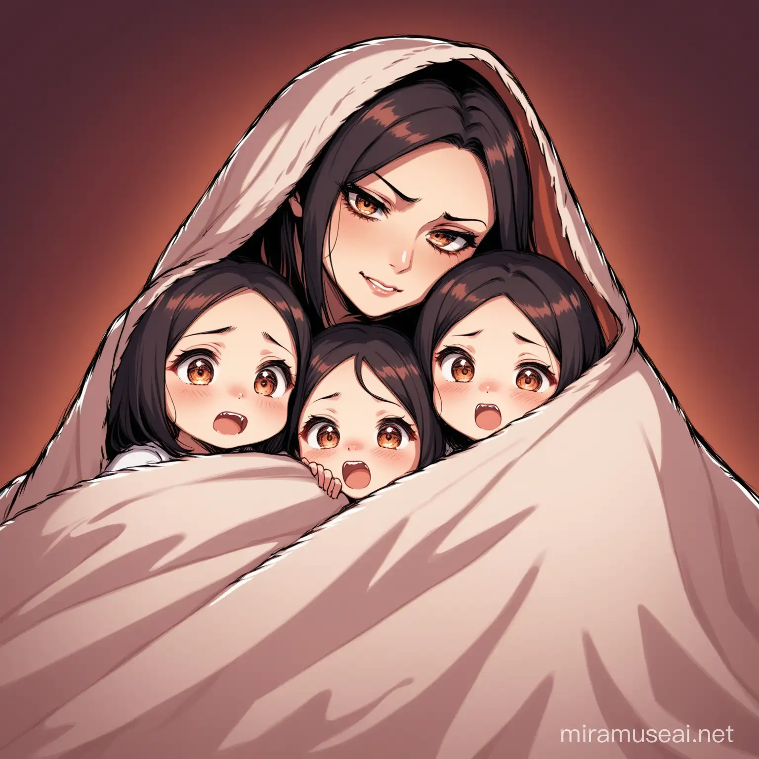 A cozy mom cuddling with her two demented, maniacal young daughters under blankets