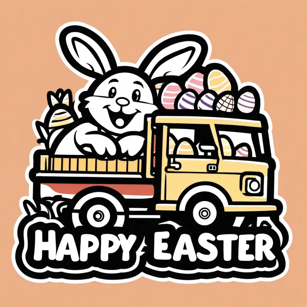 happy easter, easter bunny, truck, thick outline

