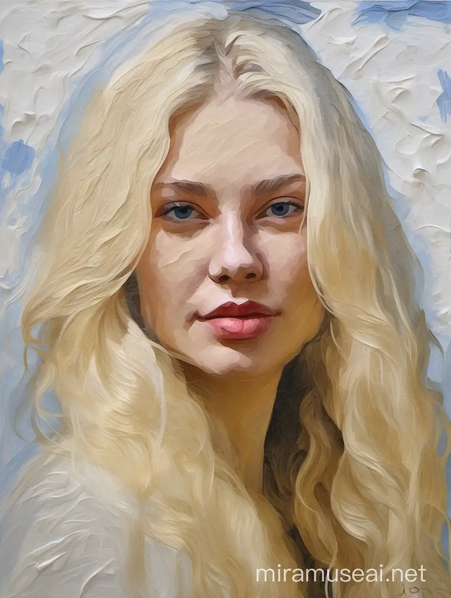 Impasto oil portrait of an attractive pale blond russian woman, 24 years old, long blond hair, in the style of CHRISTIAN JEQUEL
