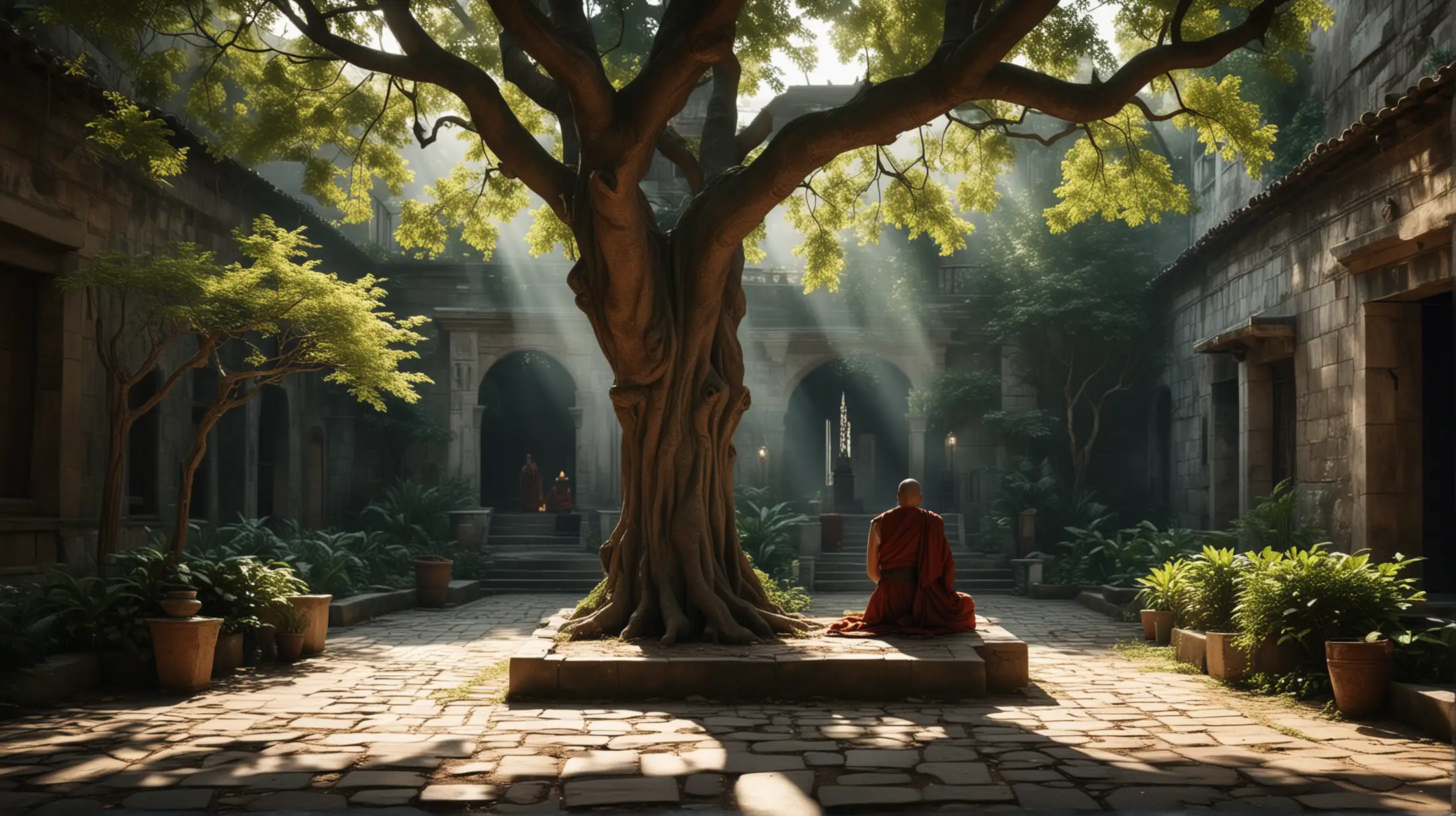 Imagine a serene monastery courtyard with ancient stone buildings and lush greenery. In the center, a large, majestic tree provides shade, under which the wise monk and his devoted follower sit on cushions. The sunlight filters through the leaves, casting dappled shadows on the ground. Their faces reflect deep concentration and reverence as they engage in a meaningful conversation about compassion and understanding.Create Spirited , mildly dark and mildly colourful, atmospheric images inspired by noir video games. Use with Vision XL for best results.