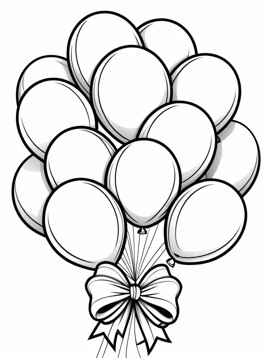 Create a colouring page,  a bunch of balloons, tied with a big bow ,different sizes, low detail,  black and white, thick lines, no shading, low detail, simple cartoon style, white background ,colouring page 
