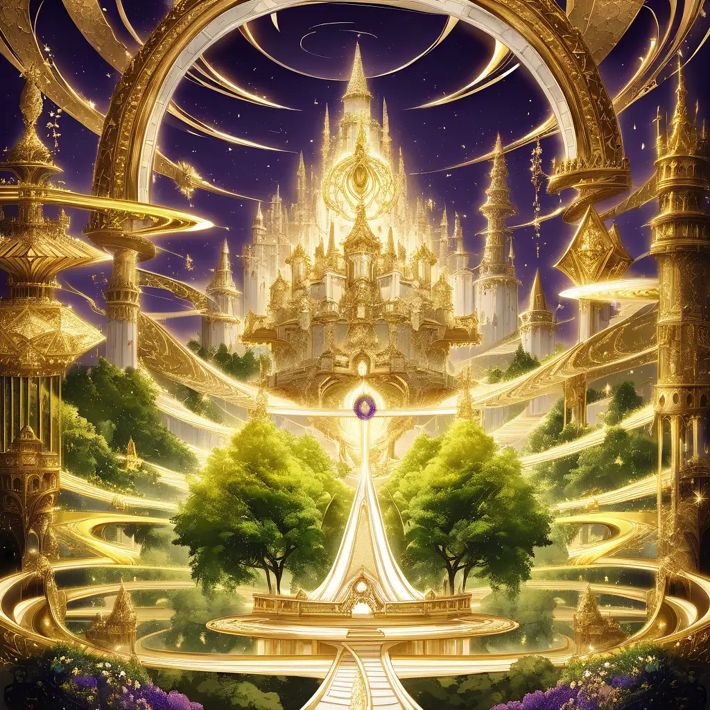 a castle made of stardust sitting upon a golden celestial mountain floating in the sky. Ivory walls and golden streets that protect as well as inspire. The ringed city has a winding path of gold , lined with green trees and summer flowers. Royal Purple banners wave majestically off the walls. This is a realm of Gods and immortals 