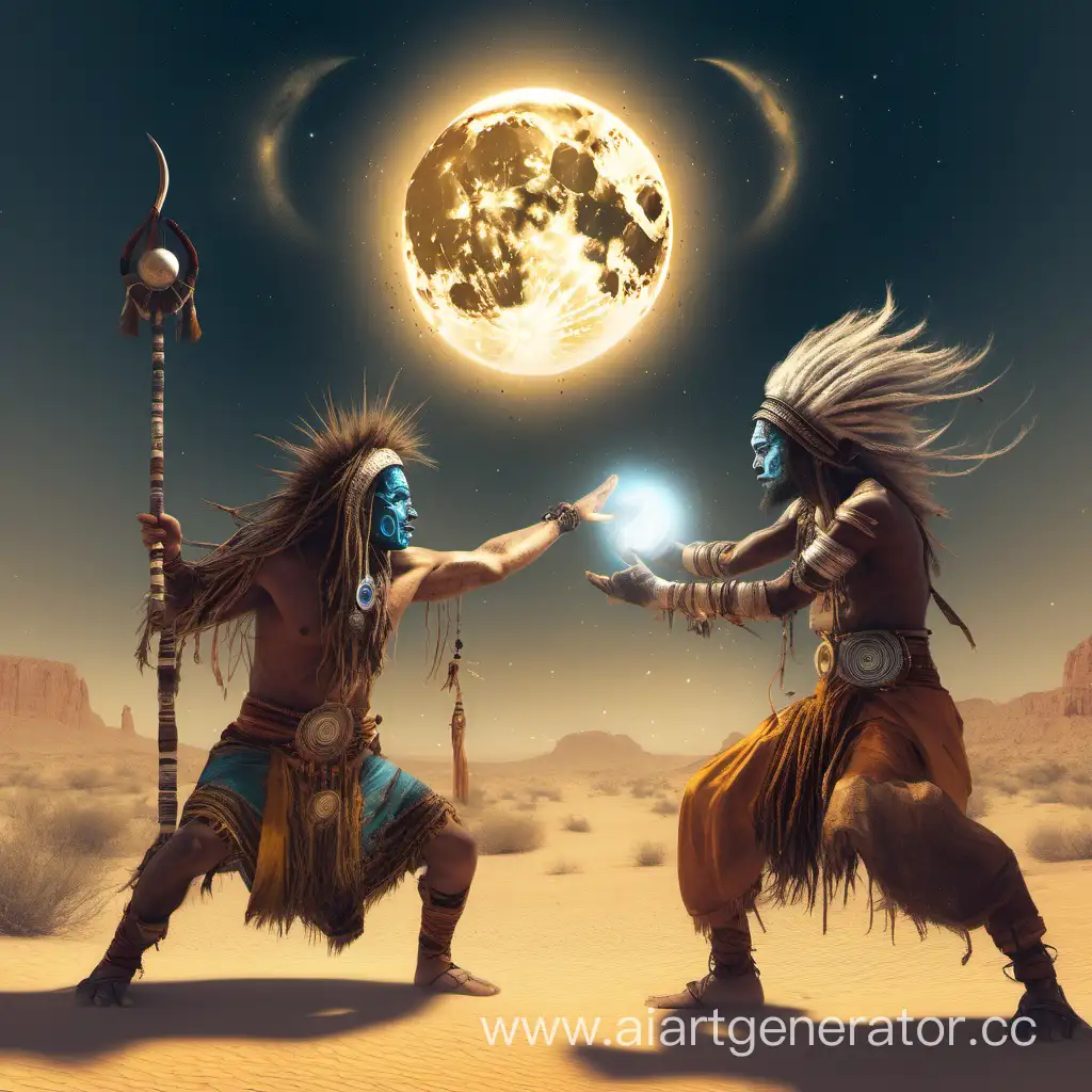 лунный шаман дерётся с помощью магии с шаманом солнца в пустыне