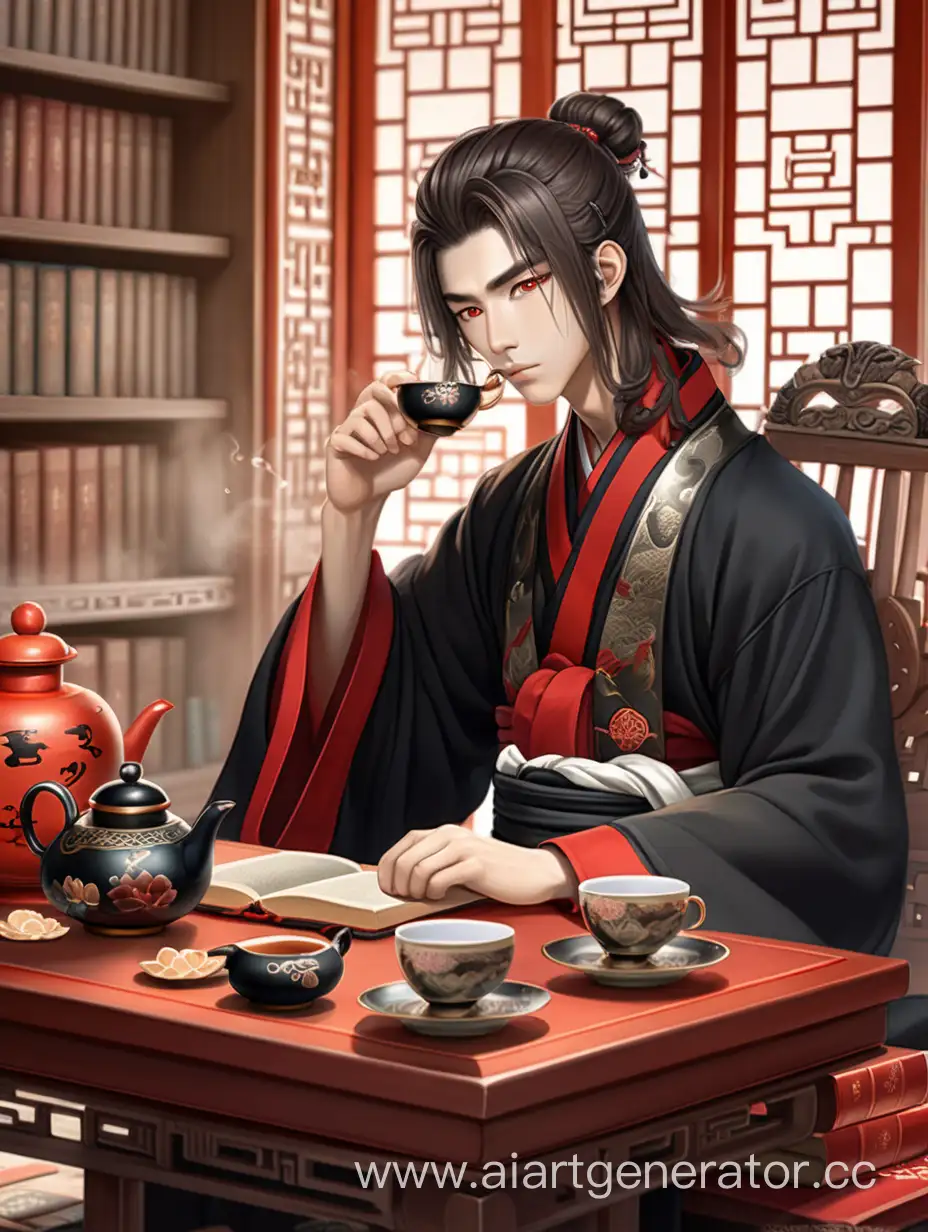 Asian-Man-in-Traditional-Hanfu-Drinking-Tea-in-Ancient-Chinese-Library