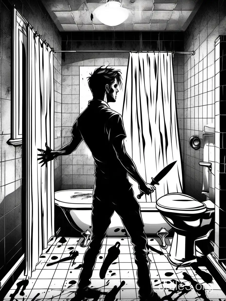 Spencer Charnas, vocalist of the band Ice Nine Kills, standing in front of the curtain of the bathtub, with a knife in his hand, a reference to Hitchcock "Psycho" film, black and white palette, Spencer stands in profile with a knife, the girl is lying in the bathroom in the background, silhouette 2.9, around Spencer there are bloody footprints and steam, as well as elements related to horror films, mirrors, poster in style 1890, cover to the song The Shower Scene, draw style