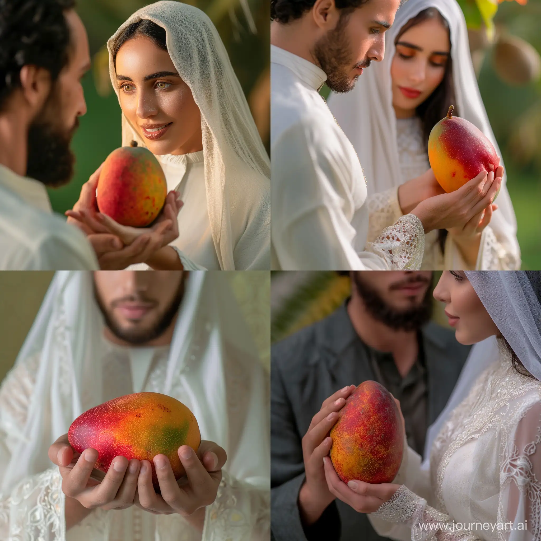 A real photo of a young and beautiful woman in a white Arabic dress holding a red and orange mango in her hands. Focus on the mango and the man's face. The mango should be in the middle of the picture.