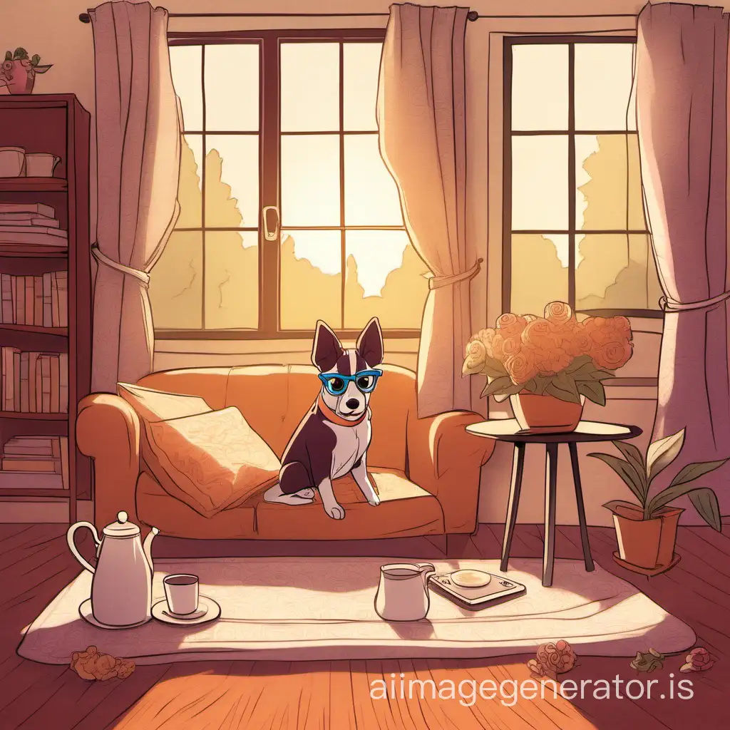 In a cozy house with a warm, inviting atmosphere, a dog lounges on a rug beside a table adorned with a vase of flowers, while sunlight filters through the window, casting a gentle glow over a kid wearing glasses, who is engrossed in a movie on an iPad, as the curtains sway gently in the spring breeze outside, creating a perfect scene for sipping peach tea in the yard.