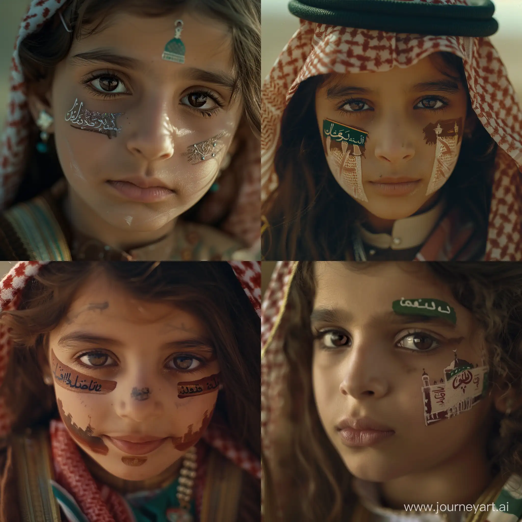 The opening image is of a 10-year-old Saudi girl with brown hair and brown eyes, wearing traditional Saudi dress on the occasion of Saudi Foundation Day, with Saudi Arabia painted on her face. Professional cinematography. Shallow depth of field, subject focus, professional color grading, fine dynamic motion, cine film, cine camera. Professionalism.