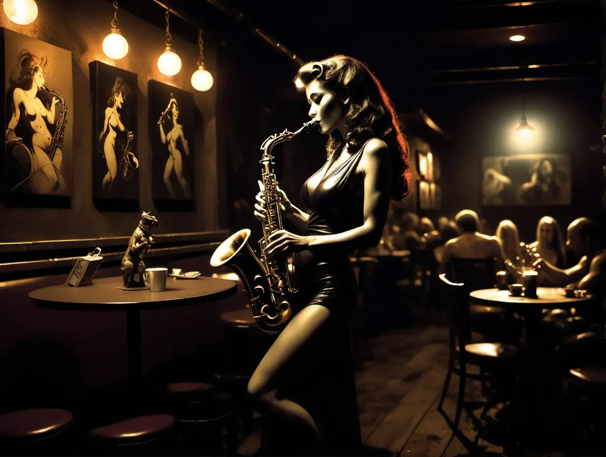 woman playing saxophone in a dark cafe Frank Frazetta style