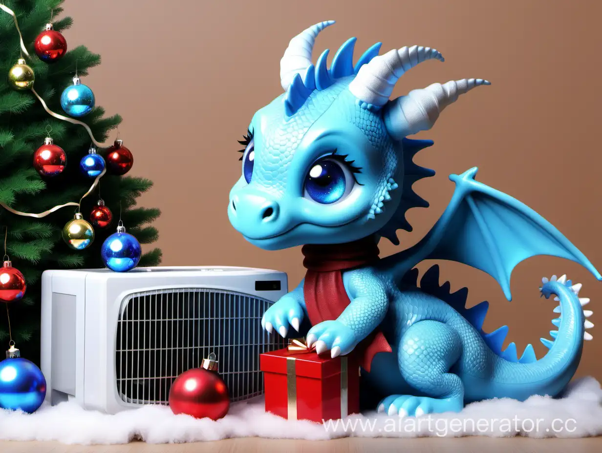 cute blue baby dragon with air conditioner and Christmas tree and cristmas balls