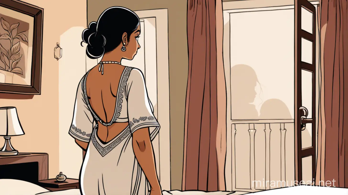 A bengali woman is standing in a bedroom beside window wearing a low back nighty. Please make the image cartoon type.