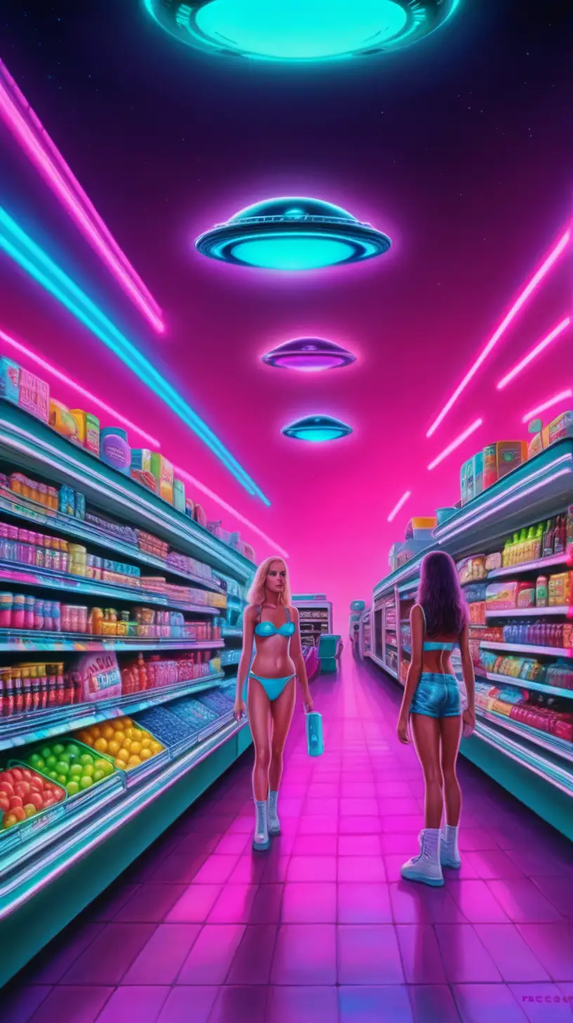 HyperRealistic Synthwave Art Aliens and UFOs Visit Supermarket Under UV Light