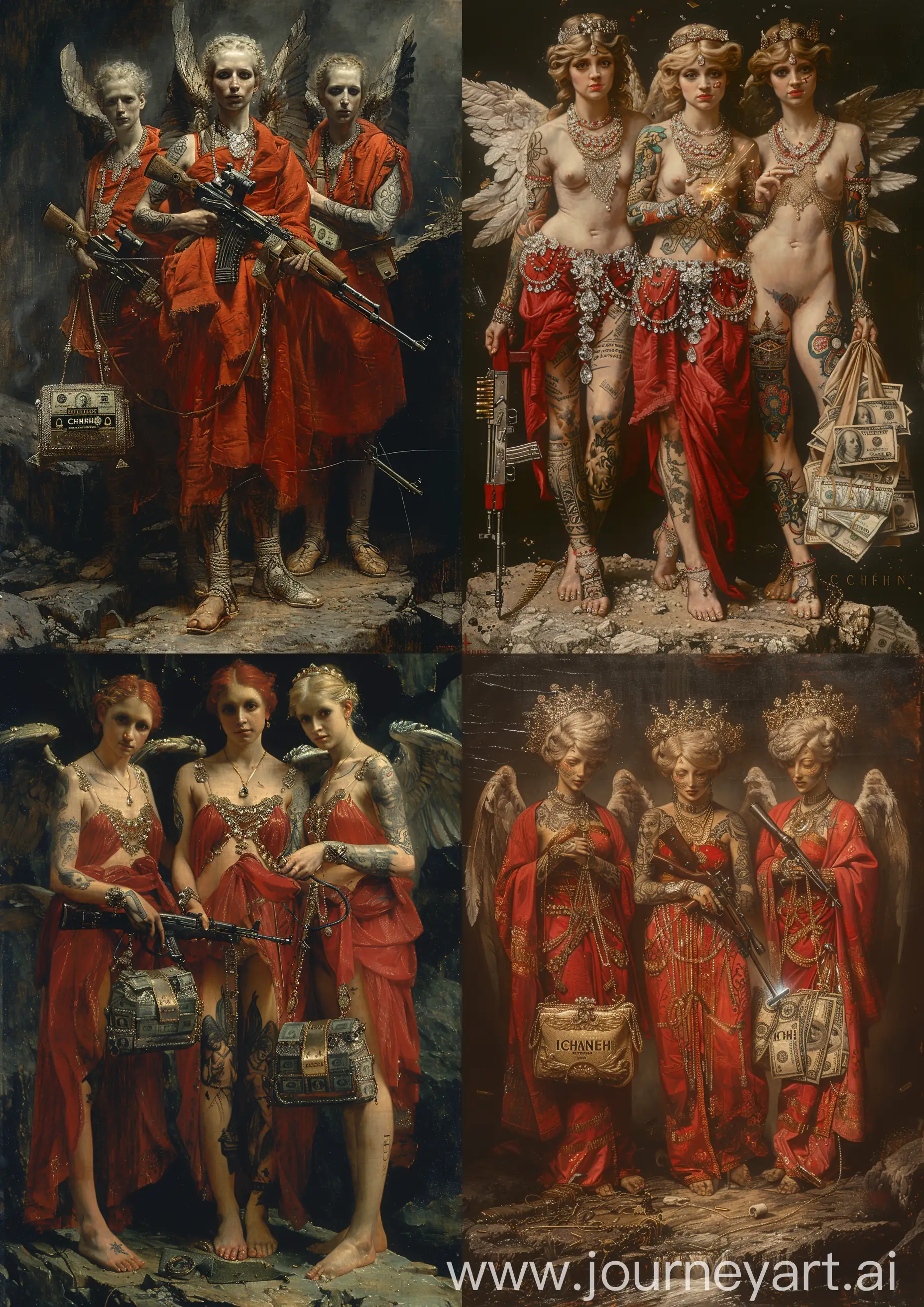 Edward Burne-Jones painting of 3 tattooed female  angel warrior wearing red clothes ornate in diamonds, silk and robes, welding a kalashnikov and a CHANEL  bag full of money, standing on a rock, high tones, high detailed, full body —c 22 —s 750 —v 6.0 —ar 5:7