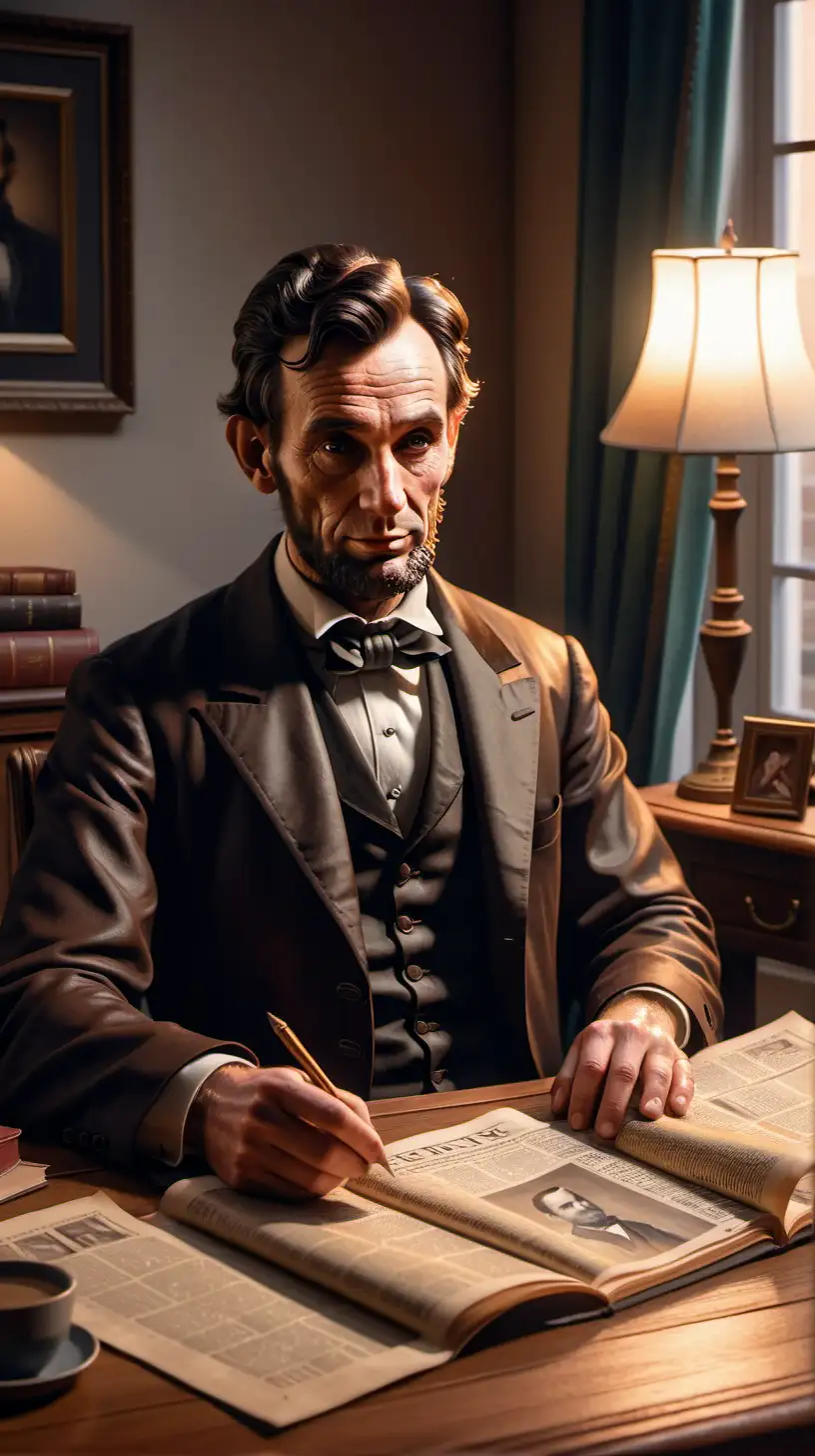 The scene depicts a man, with minor similarities of Abraham Lincoln,dressing like a middle wealthy man, in a cozy study, morning light casting a warm glow. He's seated at a wooden desk, focused on a newspaper. His expression shifts from curiosity to shock as he reads his own obituary, a surreal and unsettling discovery. Hyper realistic. Create mildly colourful atmospheric images inspired by noir video games. Use with Vision XL for best results.