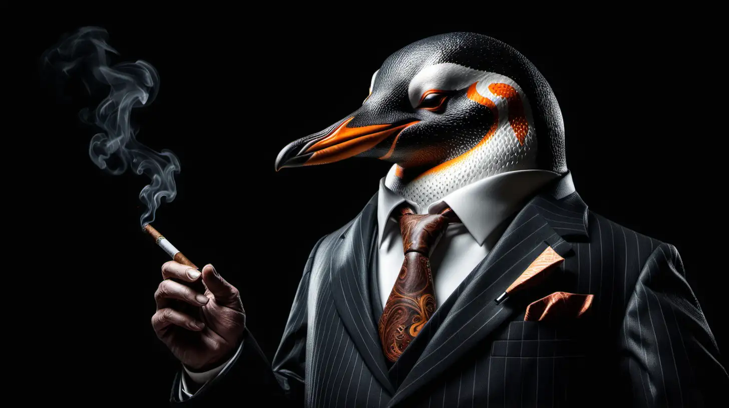 Sophisticated Penguin Businessman Smoking Cigar on Elegant Black Background