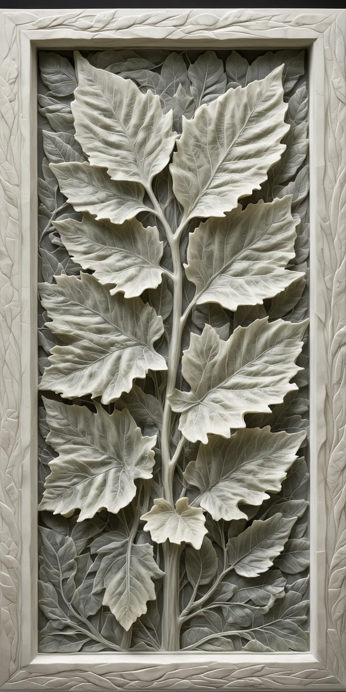 framed with 2x2 grid, narrow vines, large fig leaves, carved in translucent alabaster, 3d relief, inverted gray scale