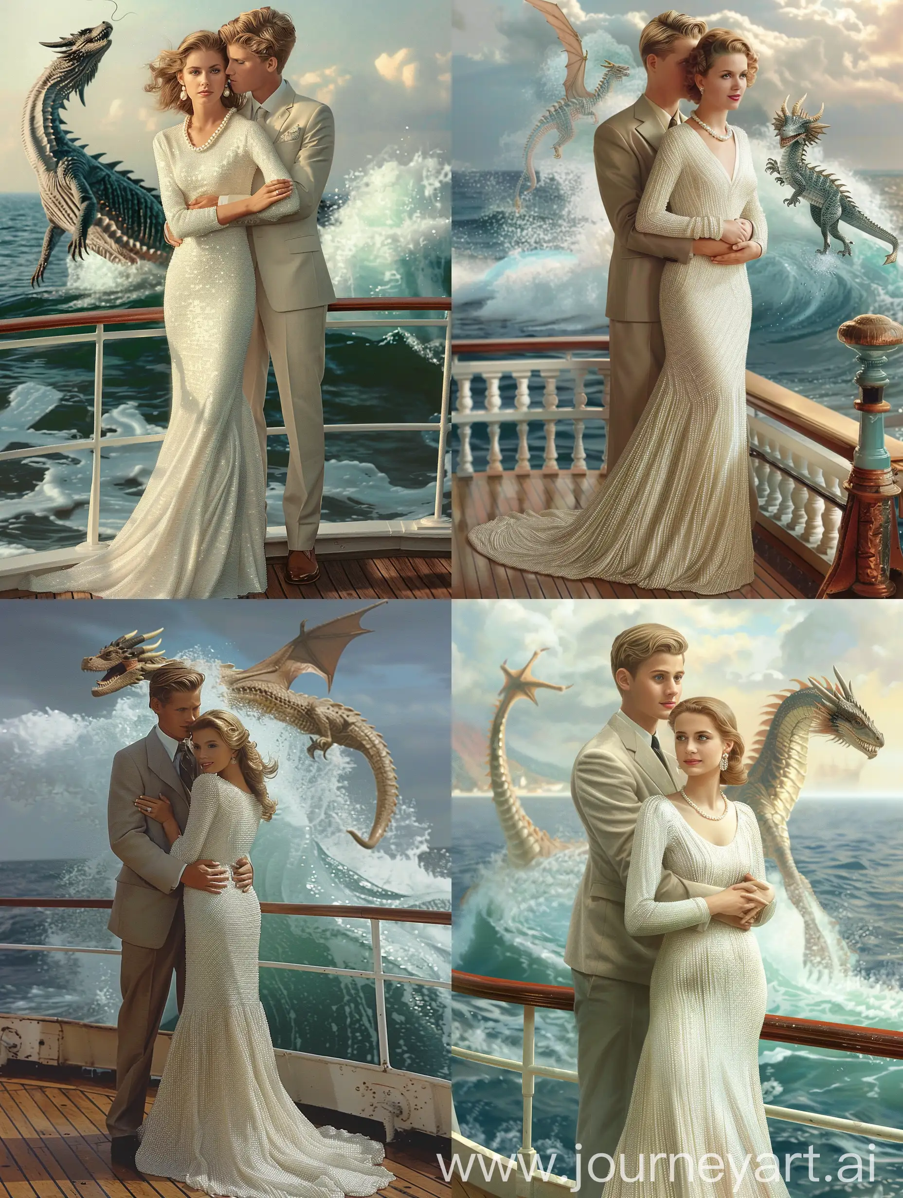 красивая женщина в белом длинном облегающем платье с жемчужинками стоит на палубе, её обнимает красивый мужчина со светлыми волосами в костюме. Позади них из воды выпрыгивает морской дракон-змей.

