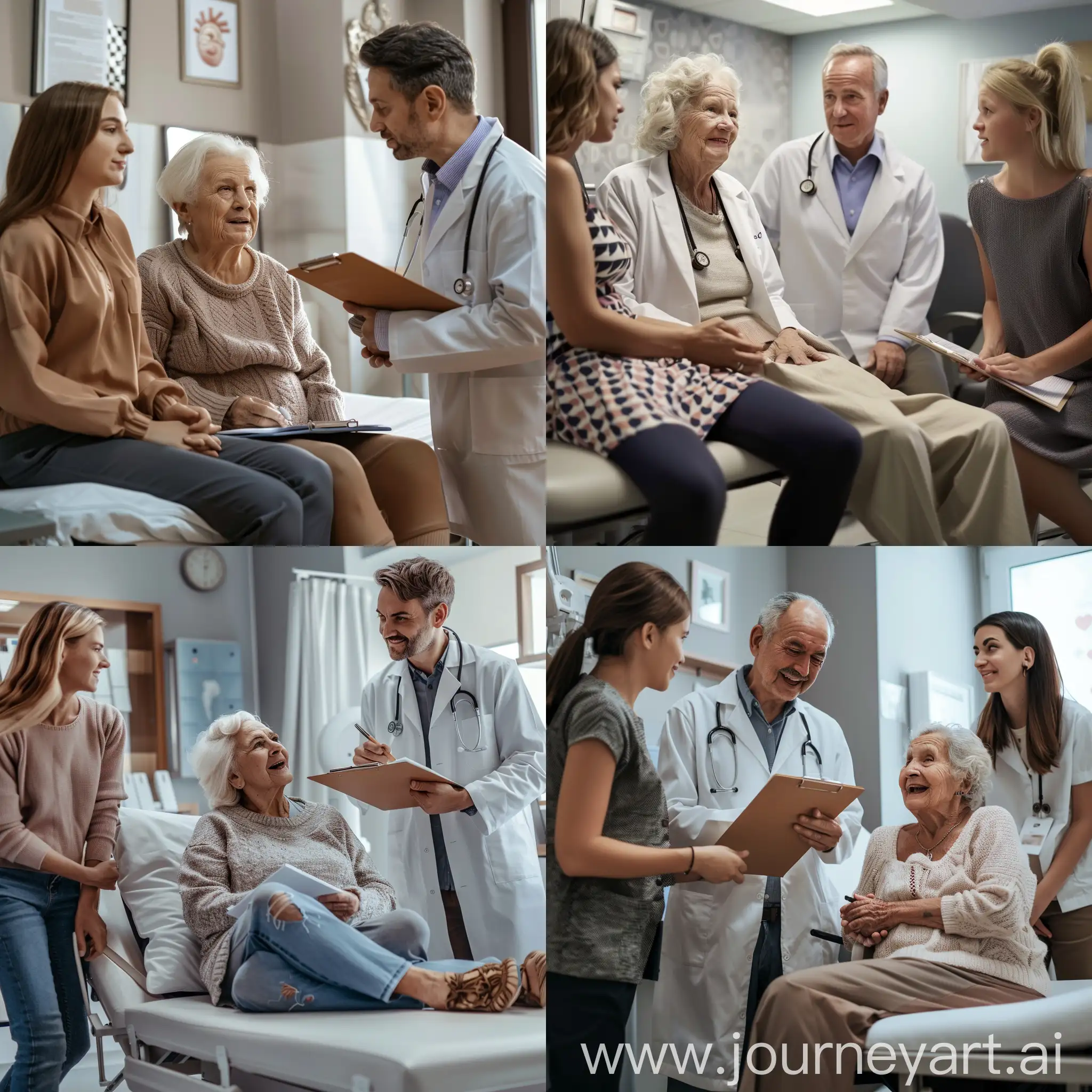 In a modern cardiologist's office, an elderly woman exudes joy and relief while seated on an examination bed, dressed in a simple, comfortable outfit. She attentively listens to her cardiologist, a middle-aged man in a white coat, who explains her ongoing therapy with a clipboard in hand. Standing beside her, a supportive family member, possibly her daughter, participates in the discussion. The clinic's background is subtly decorated, emphasizing a professional and reassuring atmosphere.